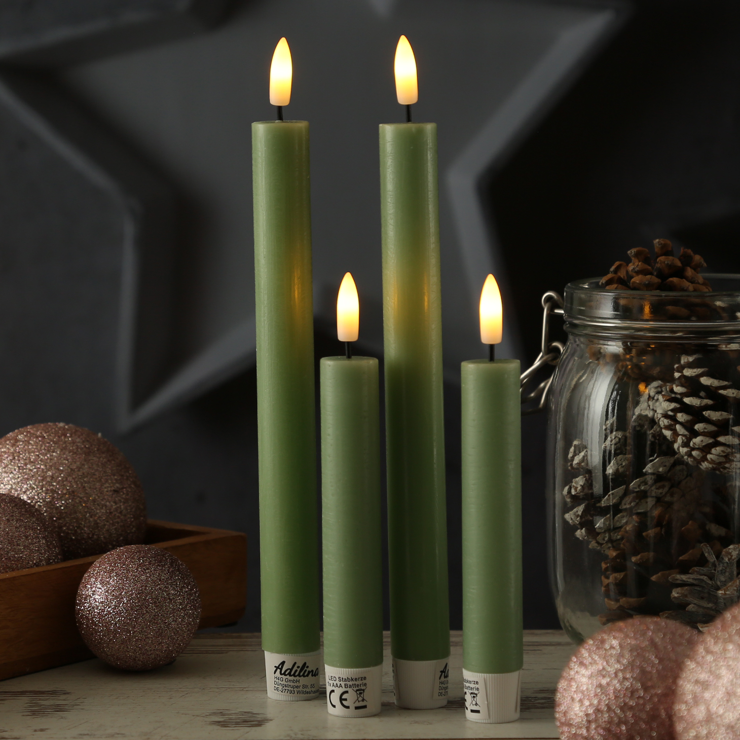 LED Stabkerzen LINA - Rustik-Optik - Echtwachs - 3D Flamme - H: 16cm - Timer - grün - 2er Set