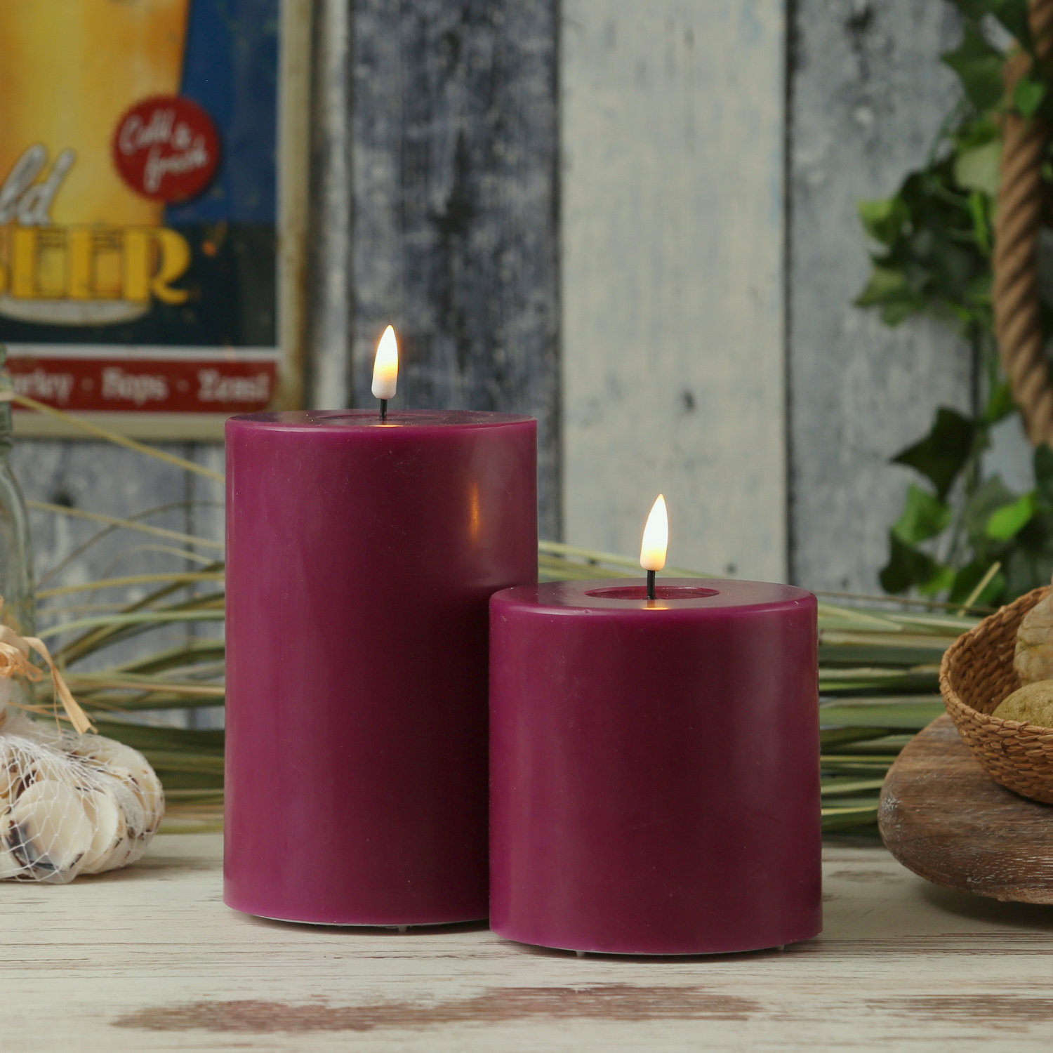 LED Stumpenkerze MIA - Echtwachs - realistische 3D Flamme - H: 10cm - D: 10cm - malve