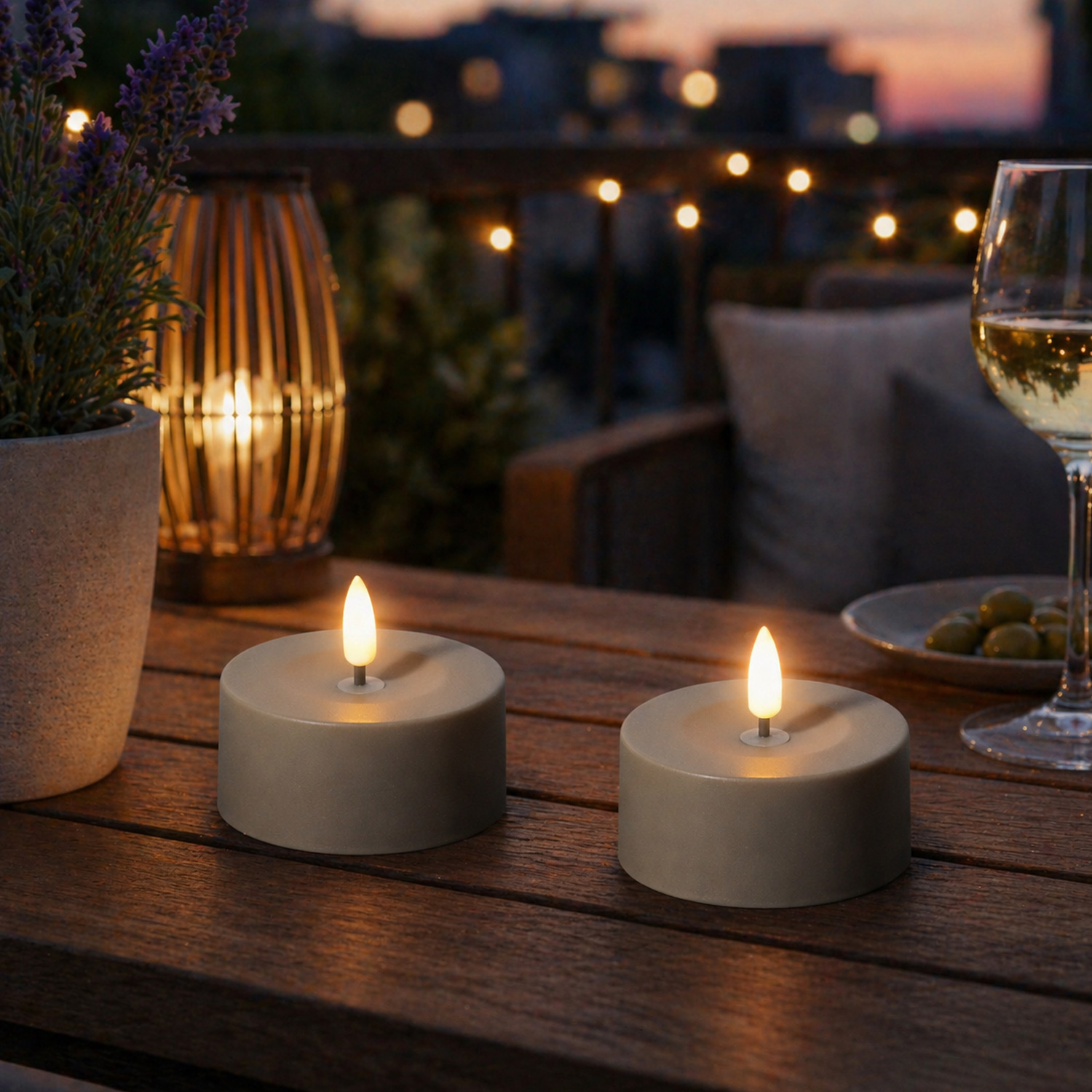 LED Solar Maxi Teelichter - XL Outdoor Teelichter - D: 7cm - Lichtsensor - grau - 2er Set