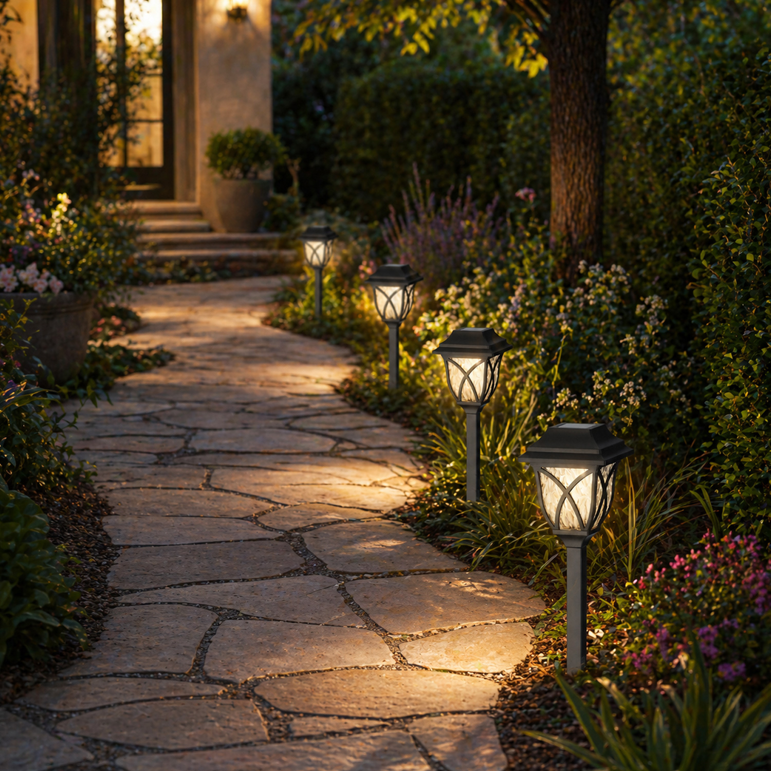 LED Solar Wegleuchten - Gartenleuchten mit Erdspieß - H: 33cm - Lichtsensor - 4er Set