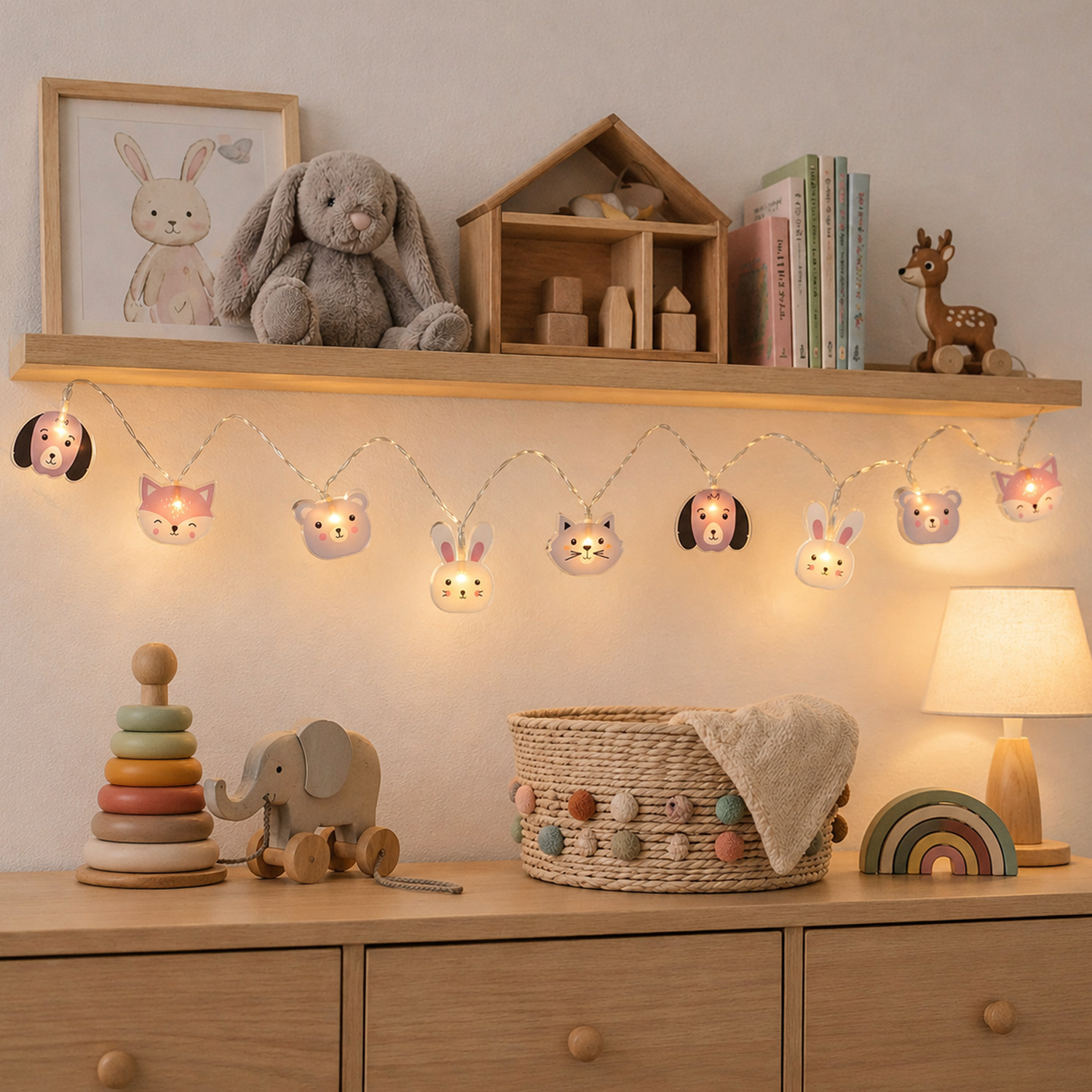 LED Lichterkette Tiere - Hund, Katze, Hase, Bär, Fuchs - Batteriebetrieb - Timer L: 0,9m - für Innen