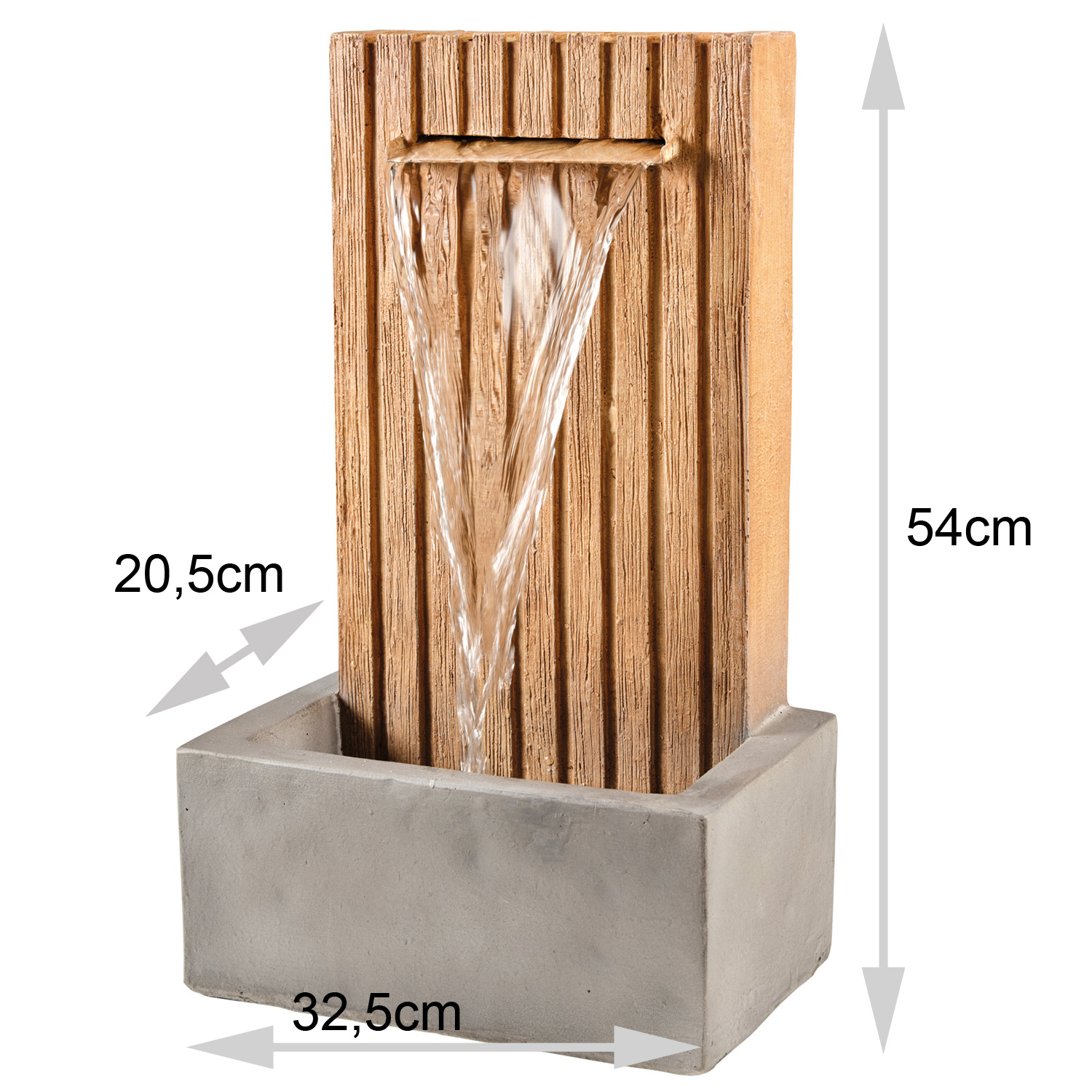 Gartenbrunnen - Standbrunnen mit Holzwandoptik - GRC Beton - H: 54cm - für Außen - grau, naturbraun