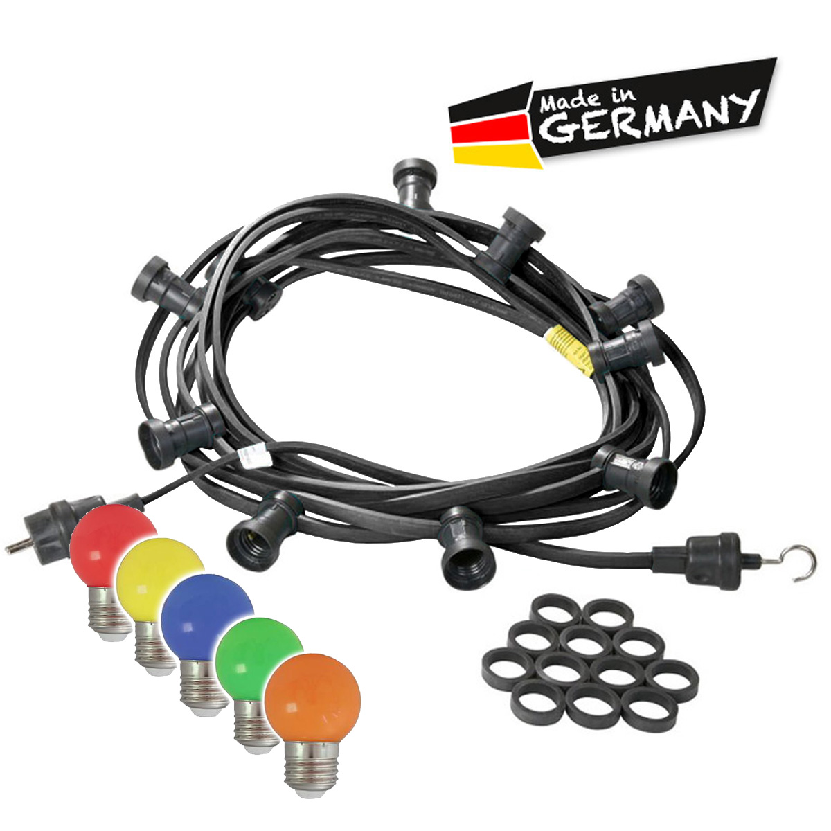 Illu-/Partylichterkette 10m - Außenlichterkette schwarz - Made in Germany - 30 bunte LED Kugellampen
