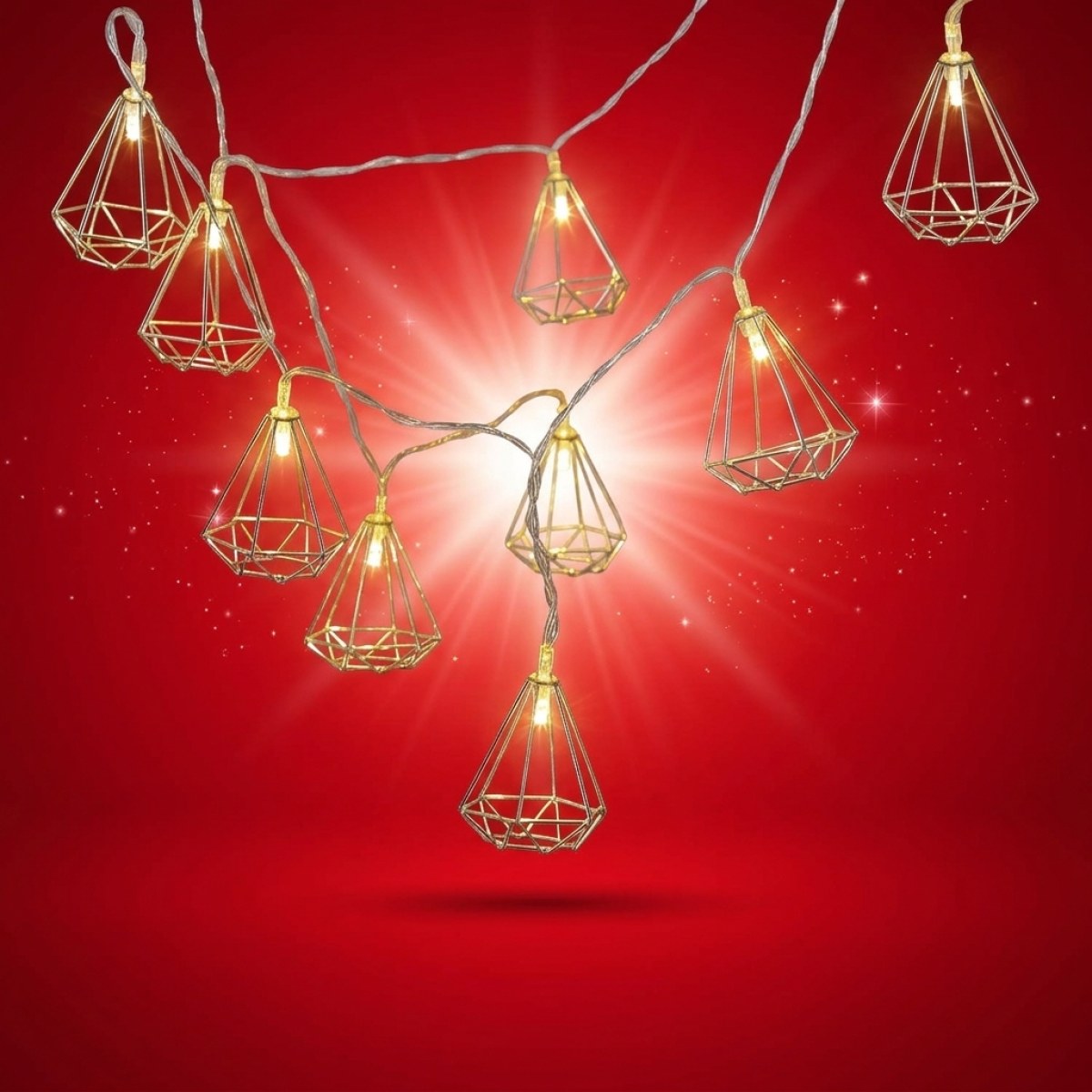 LED Lichterkette DIAMANT - 10 kleine beleuchtete Diamanten - Batterie - L: 1,6m - silber