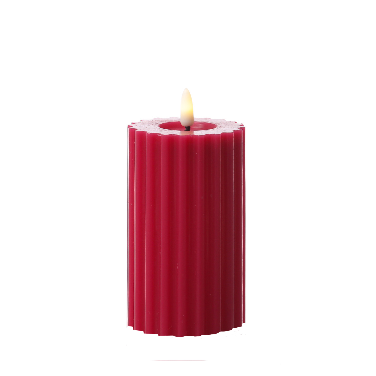 LED Kerze LIV - gerillt - Echtwachs - warmweiße 3D Flamme - H: 14,5cm - D: 7,5cm - Timer - beerenrot