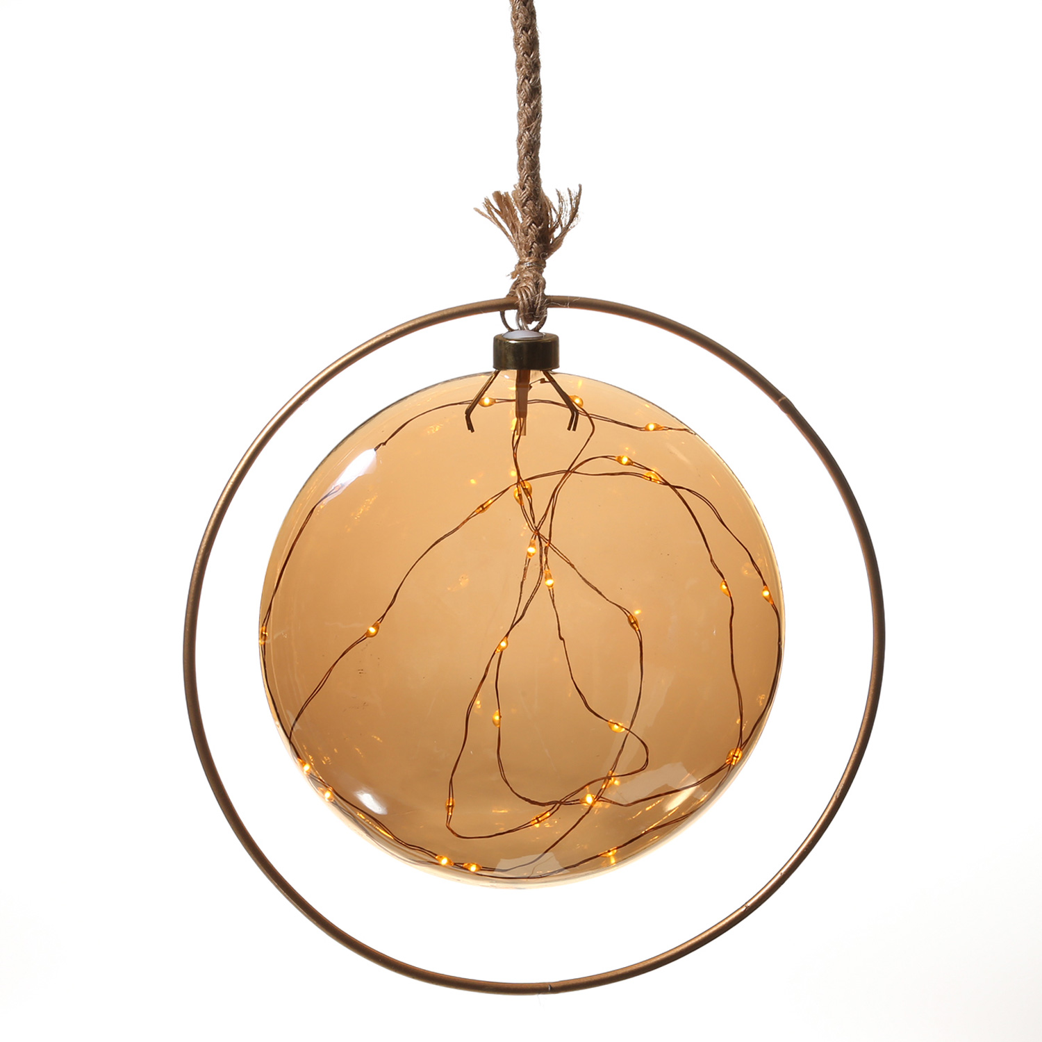 LED Glaskugel JUTTA - mit Juteseil und Ring - 40 bernsteinfarbene LED - D: 26cm - Timer - bernstein