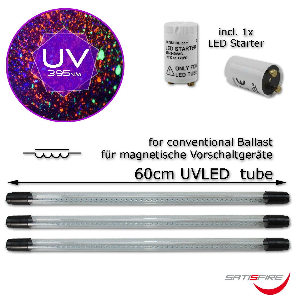 UV Schwarzlichtröhre 60cm - Röhrenfassungen mit konventionellem Vorschaltgerät - T8 - 230V - 10W