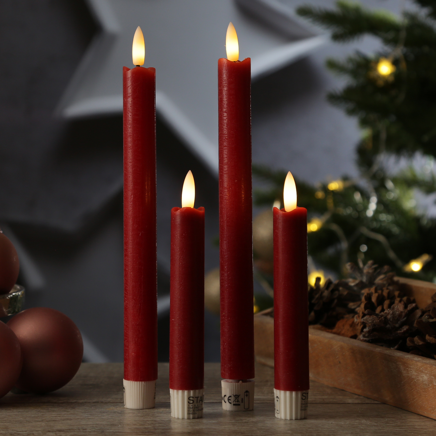 LED Stabkerzen LINA - Rustik-Optik - Echtwachs - flackernd - H: 15cm - Timer - rot - 2er Set