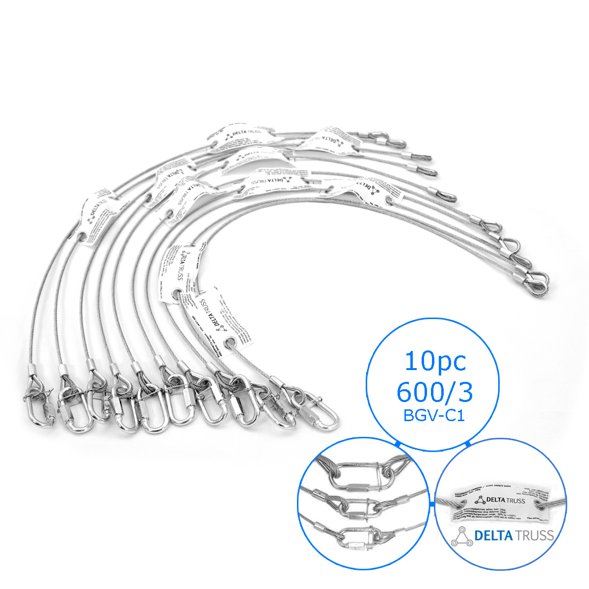 Sicherheitsfangseil 600x3mm - 10er Set - Safety nach BGV-C1 bis 5kg Safety Stahlseil als Absturzsicherung in der Veranstaltungstechnik - Fallsicherung
