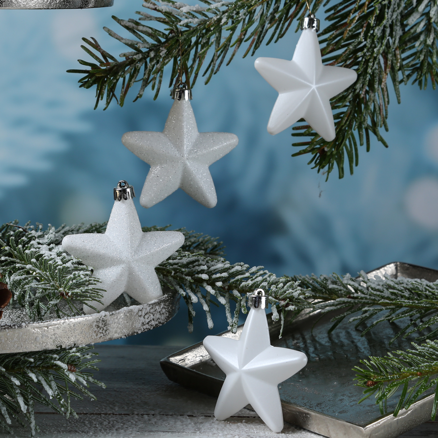 Christbaumschmuck STERN - Weihnachtsschmuck - bruchfest - glänzend matt glitzernd - weiß - 6er Set