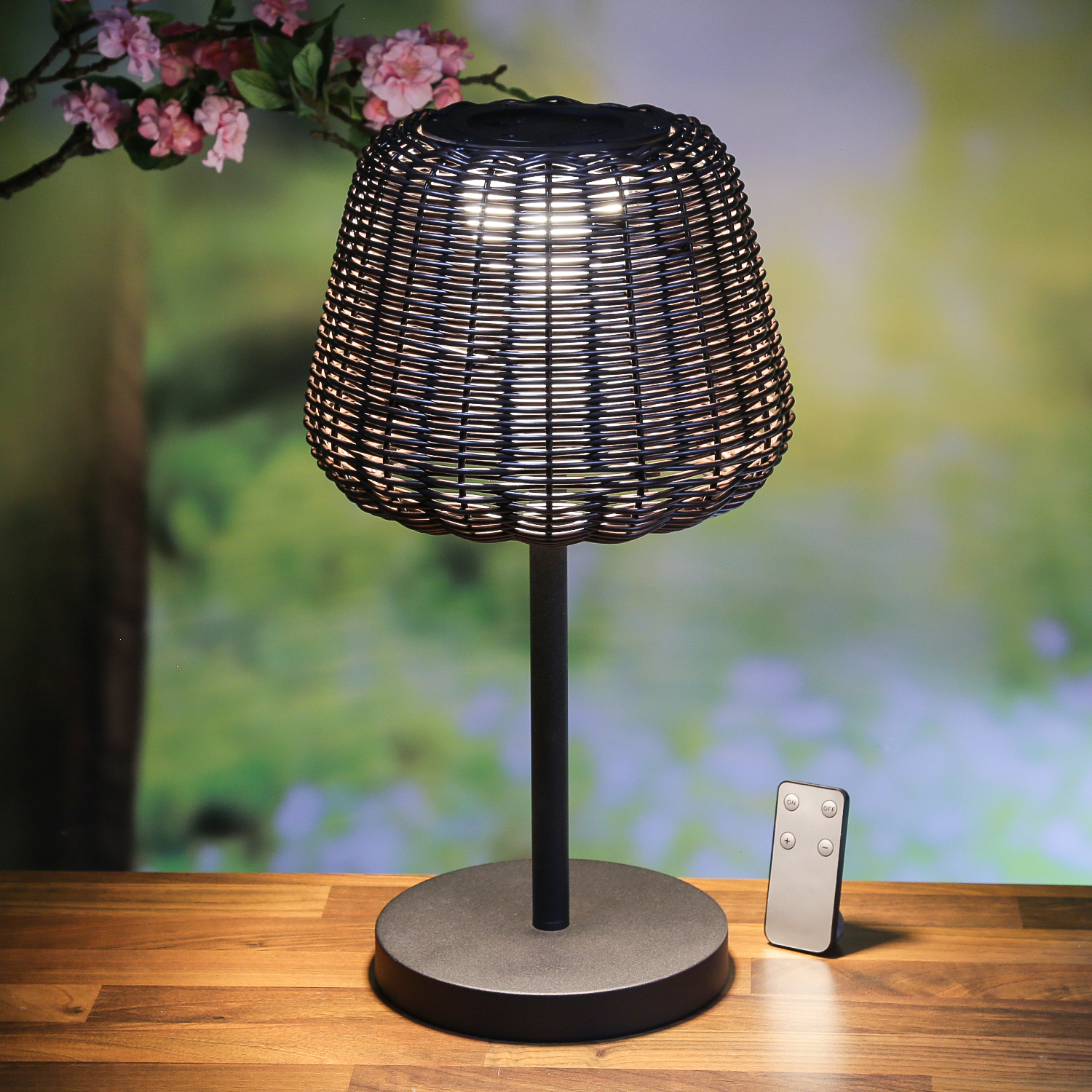 LED Garten Tischleuchte - in Rattanoptik - H: 45cm - dimmbar - aufladbar - mit Fernbedienung - braun