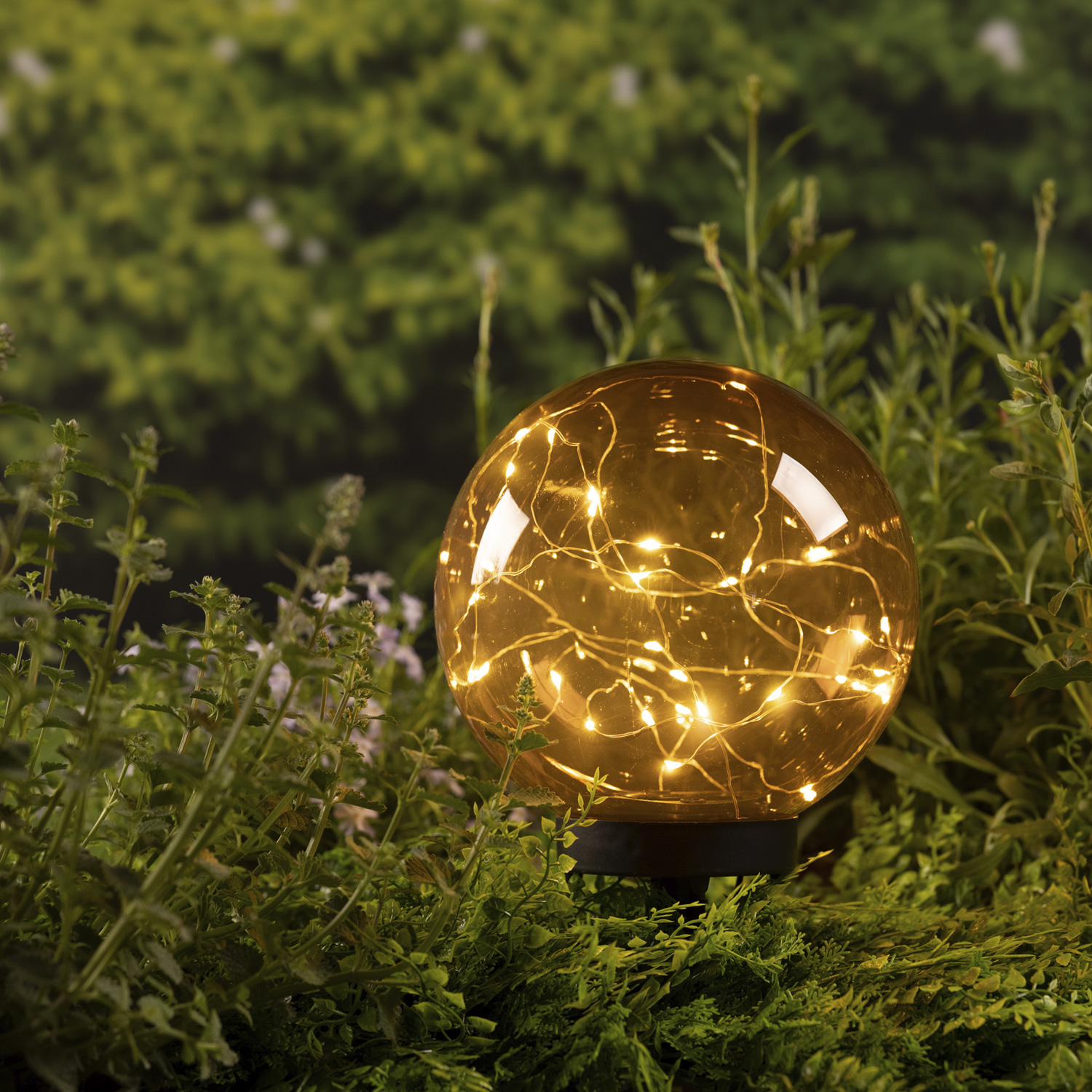LED Solar Kugellampe - 2in1 - Kunststoff - warmweiße LED Drahtlichterkette - D: 20cm - bernstein