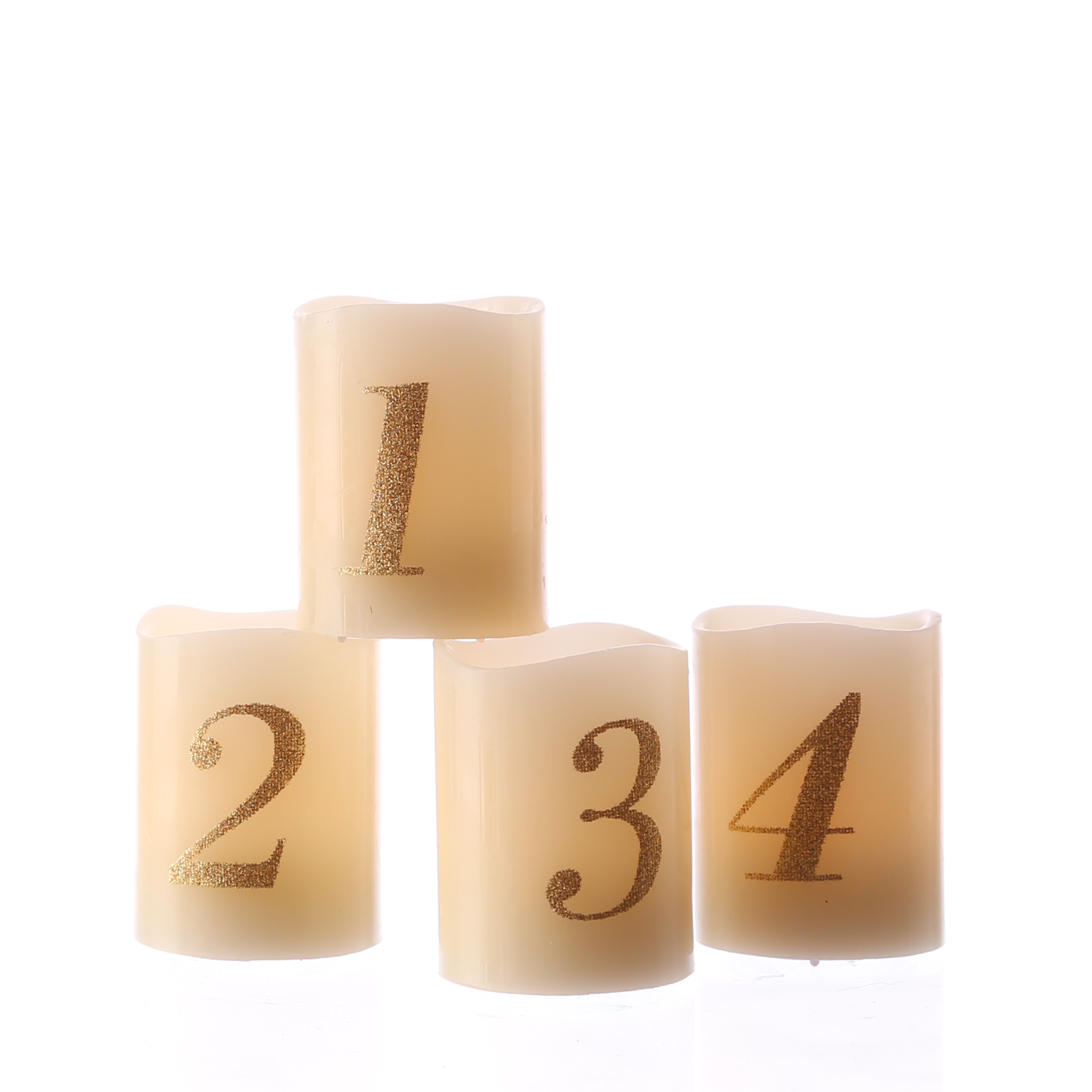 LED Adventkerzenset - Echtwachs - glitzernde Zahl 1-4 - flackernd - H: 6,5cm - Timer - 4er Set