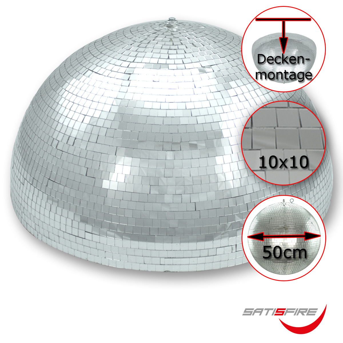 Spiegelkugel halb Halbkugel 50cm silber chrom- Diskokugel (Discokugel) Party Lichteffekt - Echtglas - mirrorball half safety silver chrome color