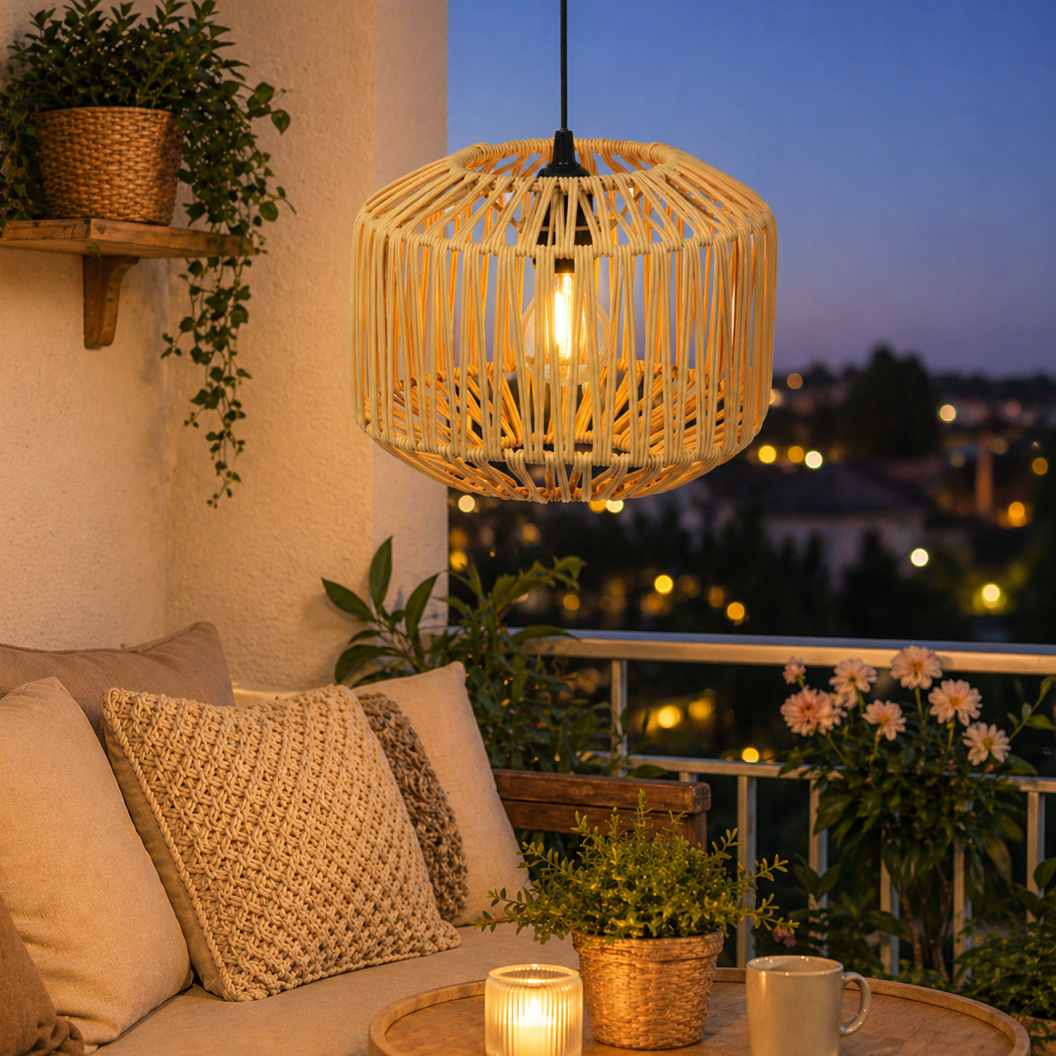 LED Hängeleuchte - Lampenschirm aus Kunststoffseil - D: 24,5cm - Batterie - Timer - outdoor