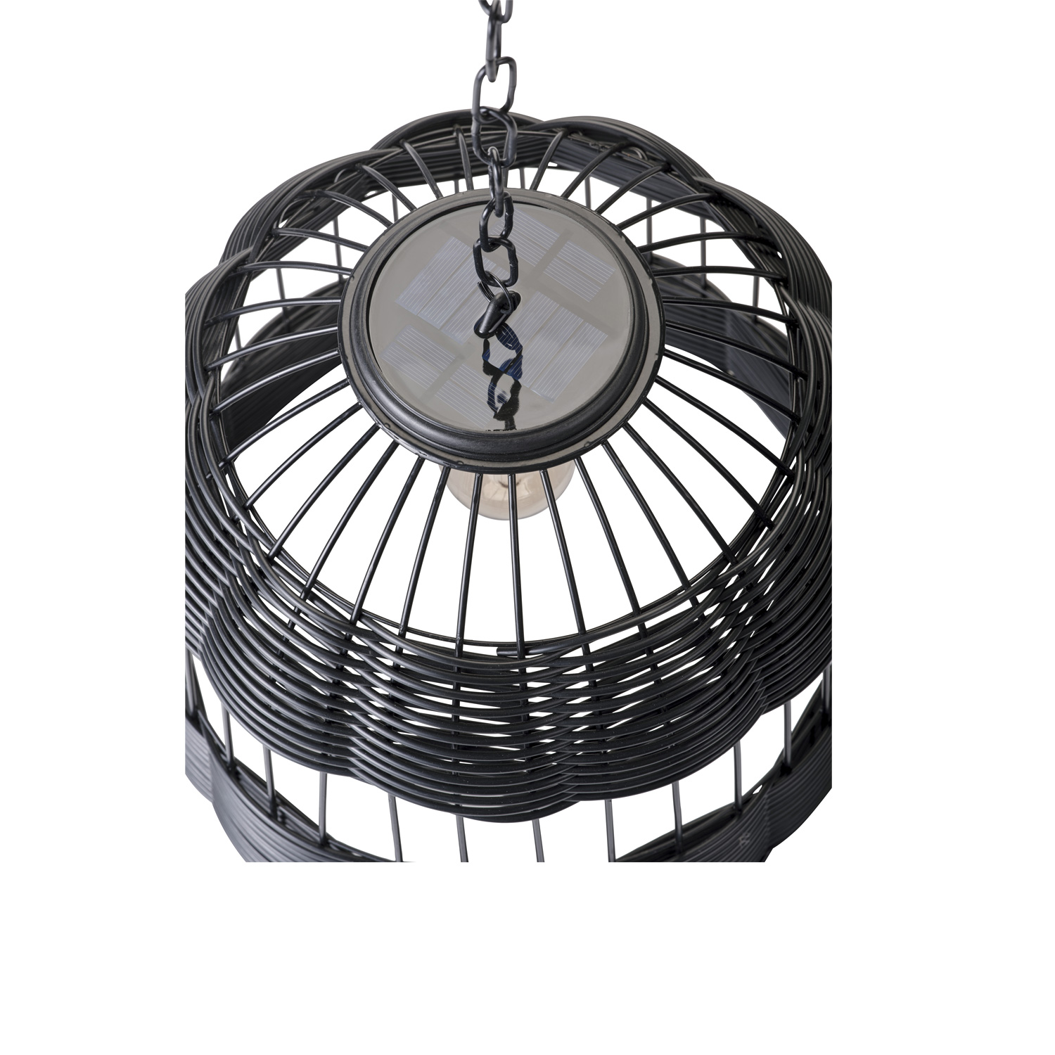 LED Solar Hängeleuchte - Lampenschirm in Korboptik - warmweiße LED - D: 36,5cm - Sensor - schwarz
