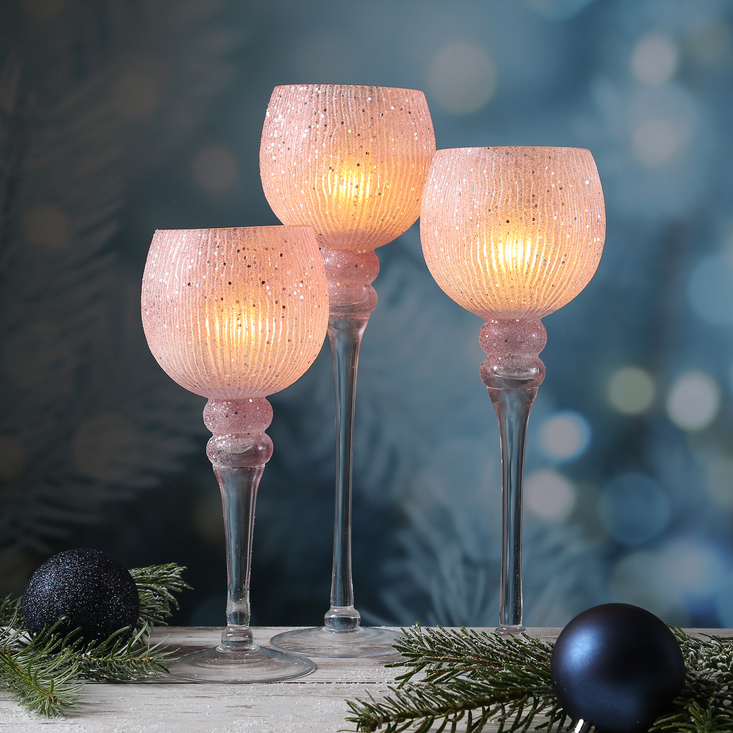 Kerzenhalter Kelch FLORENZ - Glas - H: 30cm, 34,5cm, 40cm - rosa, silber - 3er Set