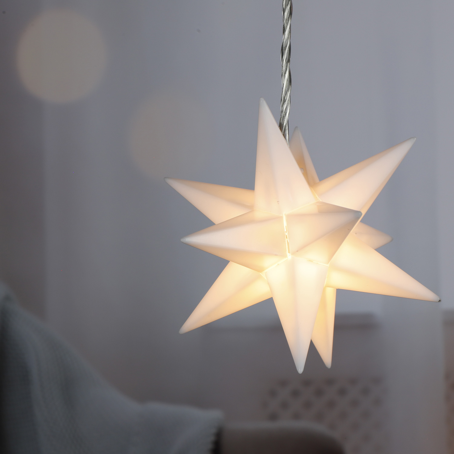 LED Lichtervorhang 3D Sterne - 9 weiße Sternen - warmweiße LED - L: 160cm, H: 120cm - Batterie
