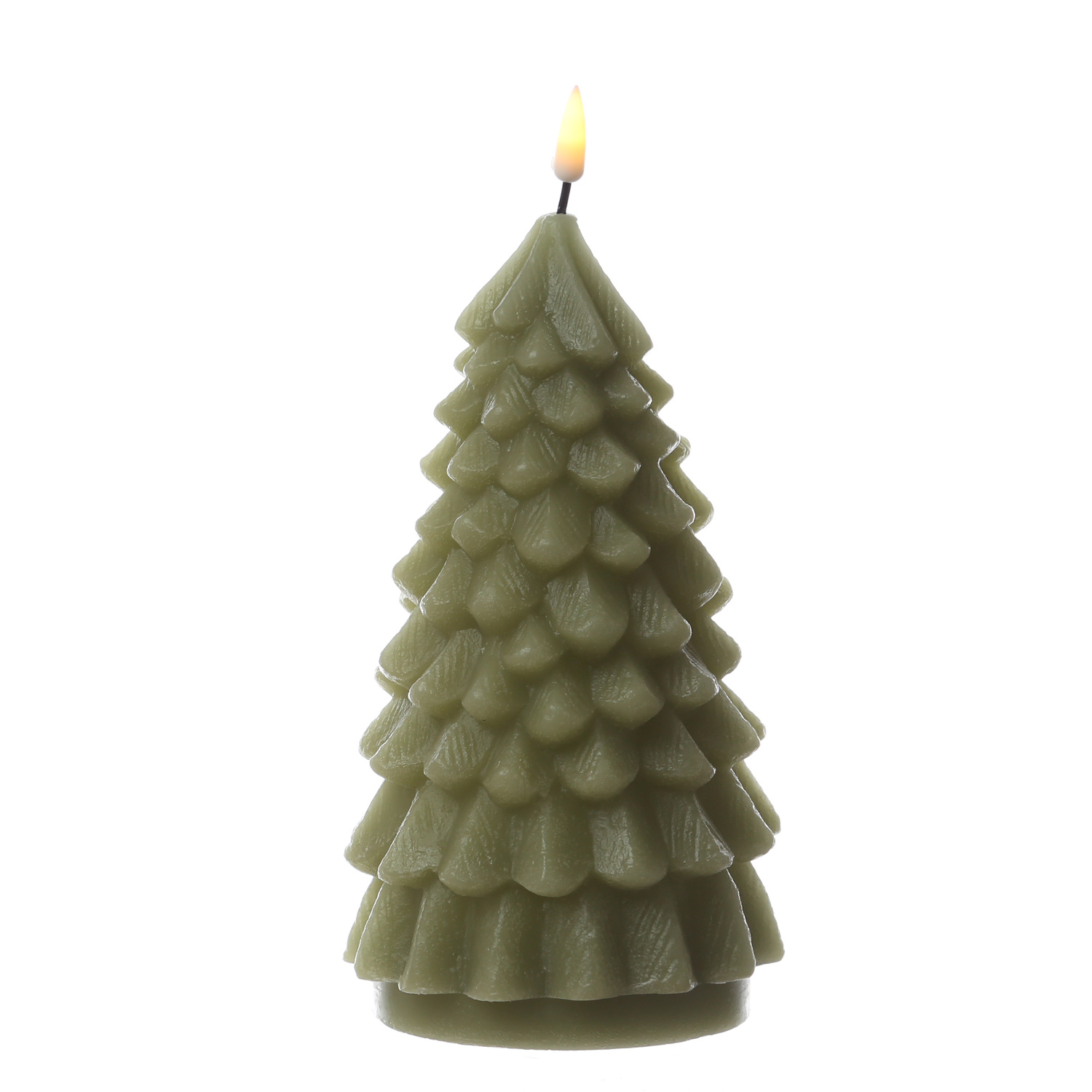 LED Kerze Tannenbaum - Echtwachs - flackernde 3D Flamme - H: 18cm - D: 10cm - hellgrün