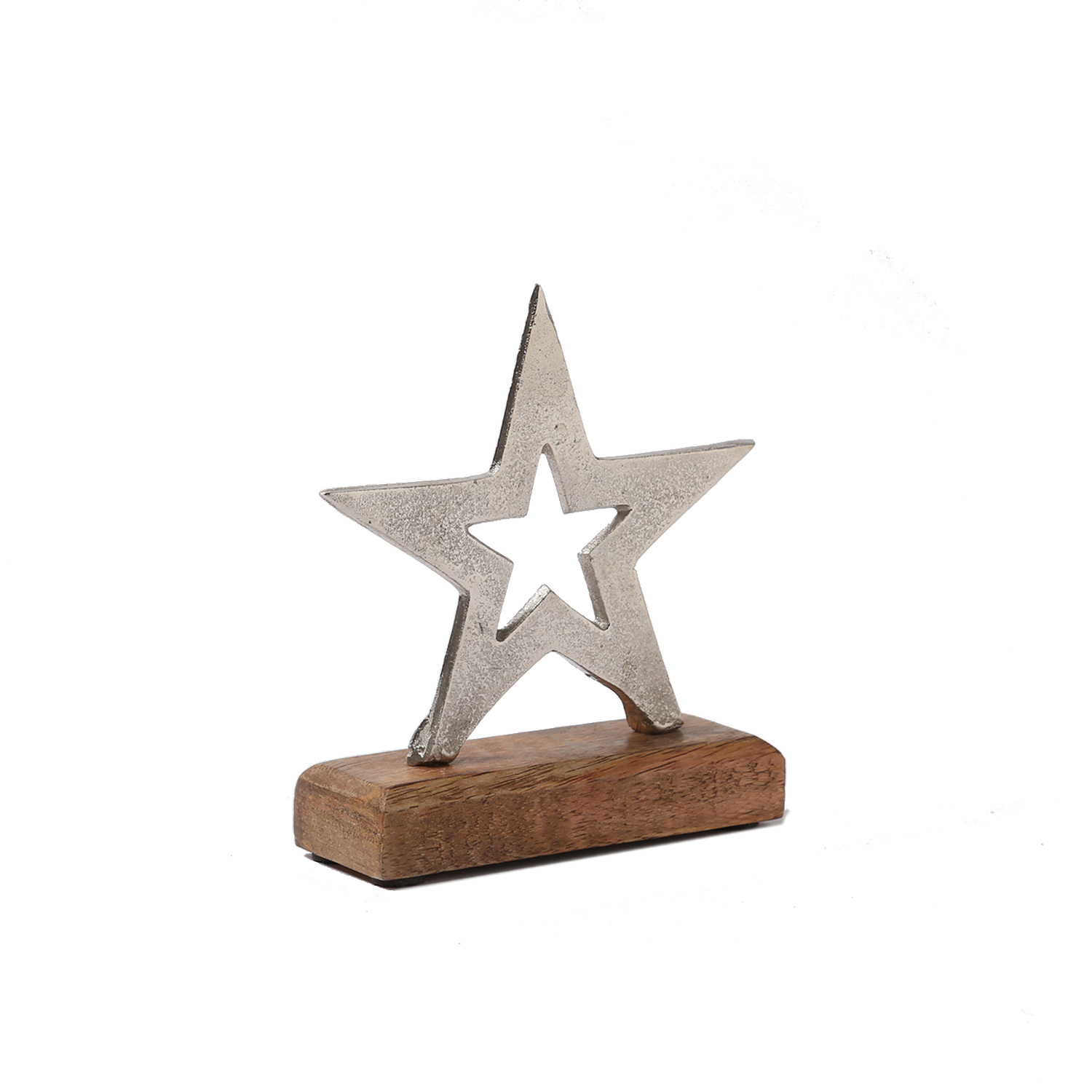 Dekostern aus Aluminium - Metallstern - stehend - Mangoholzsockel - H: 15,5cm - natur, silber