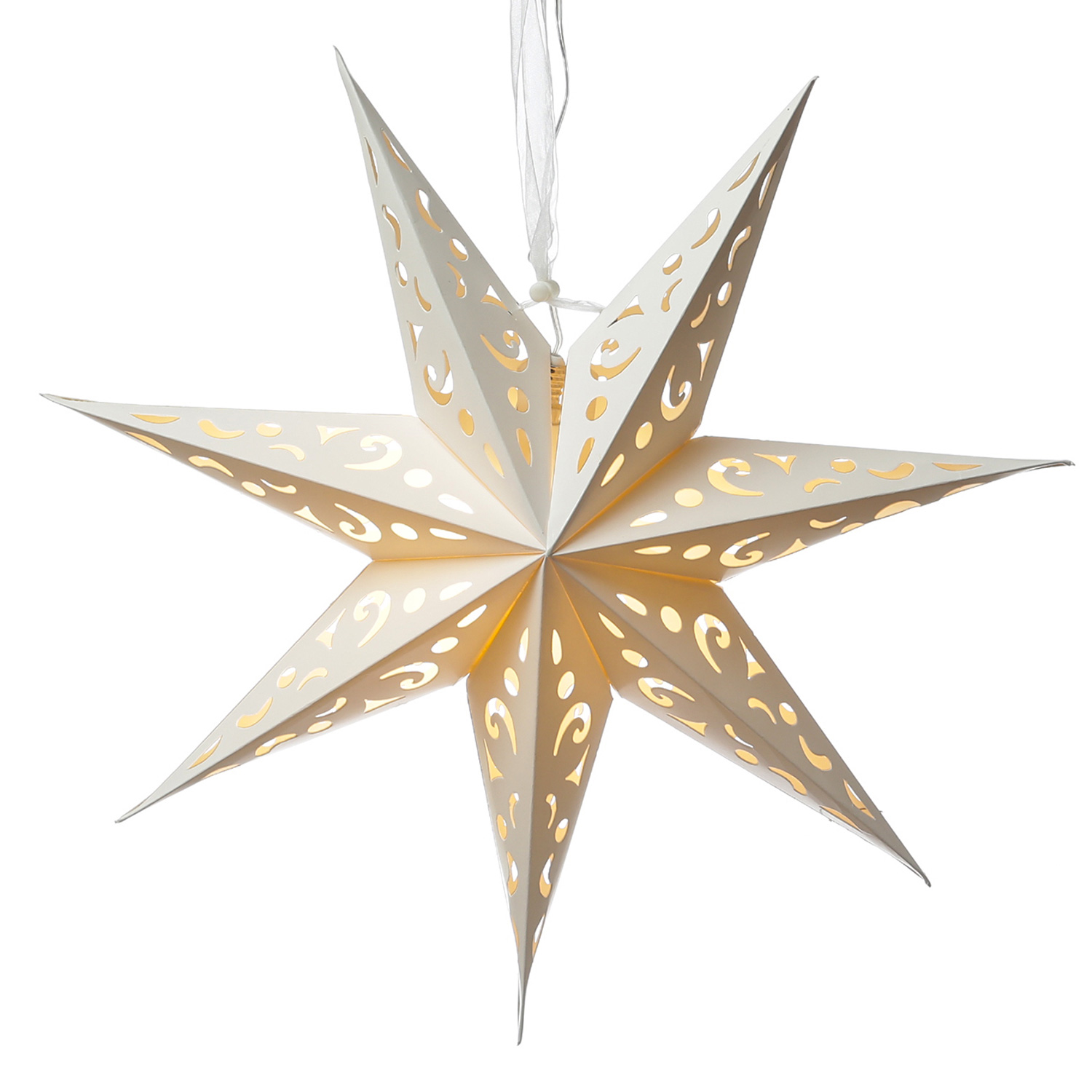 LED Papierstern - hängend - 7-zackig - 20 warmweiße LED - D: 58cm - Batterie - Timer - weiß