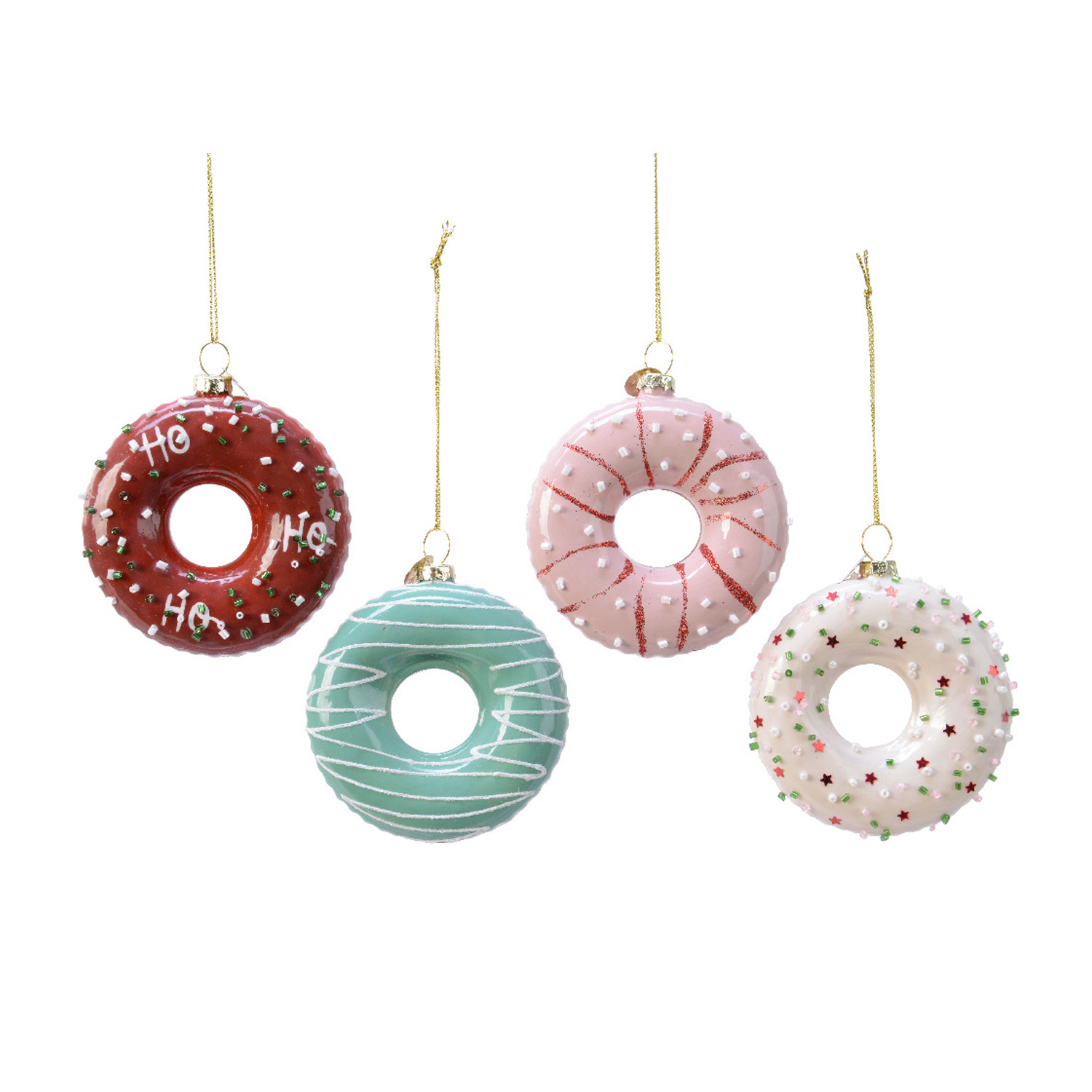 Weihnachtsbaumschmuck DONUTS - Glas - inkl. Aufhänger - mit Verzierung - H: 8,5cm - 4er Set