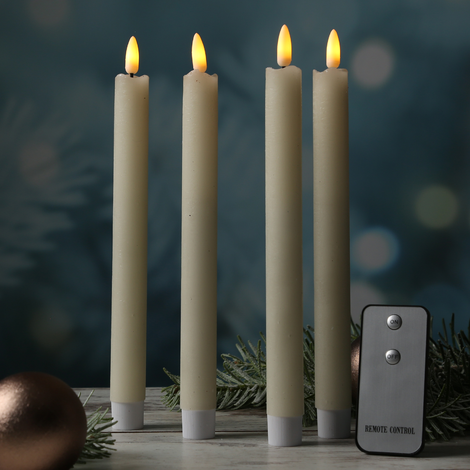 LED Stabkerzen LINA - Rustik-Optik - Echtwachs - H: 24cm - Fernbedienung - creme - 4er Set