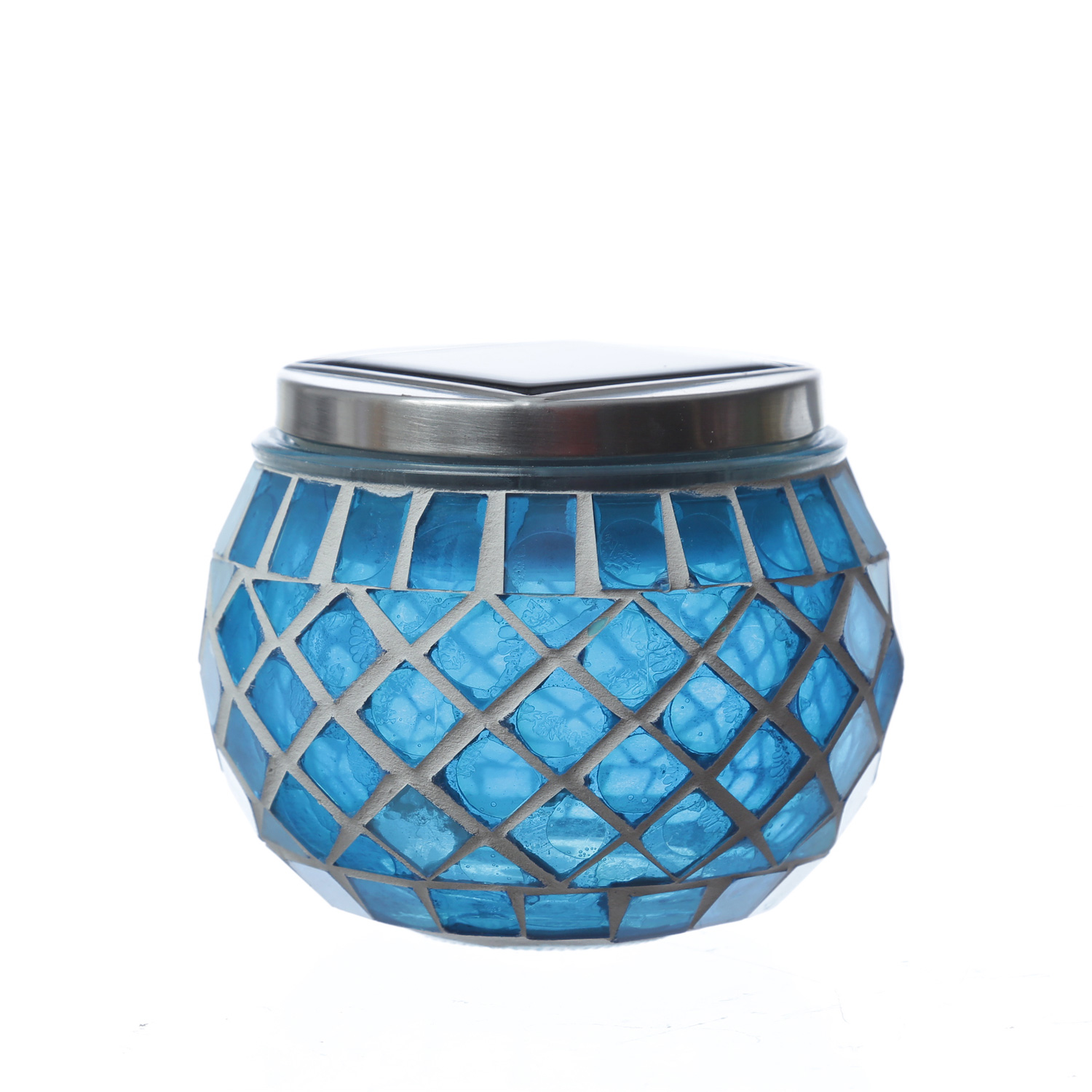 LED Solar Windlicht - Mosaik Solarglas - kaltweiße LED - Lichtsensor - H: 9cm - für Außen - blau