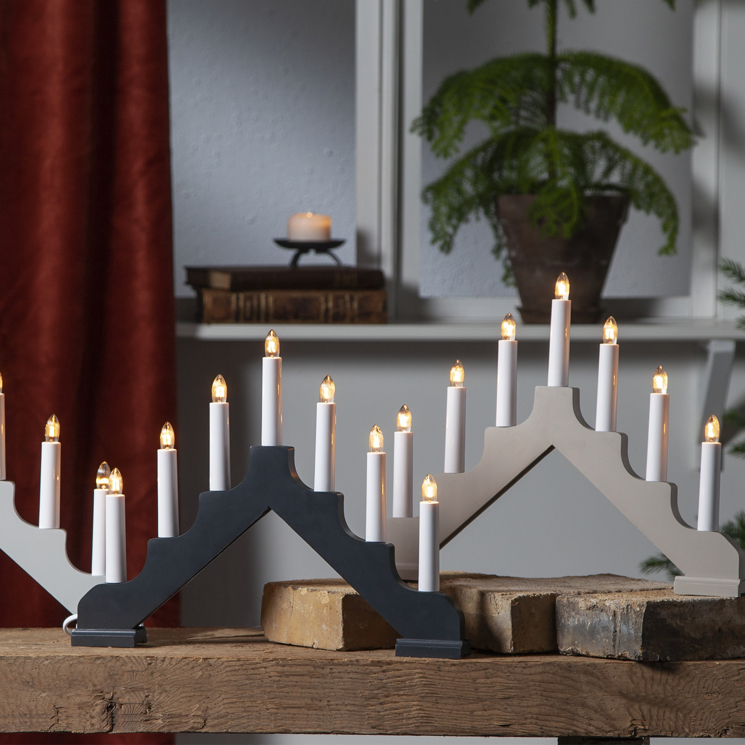 Fensterleuchter ADA - Weihnachtsleuchter - 7 warmweiße Glühlampen - H: 30cm - Schalter - dunkelgrau