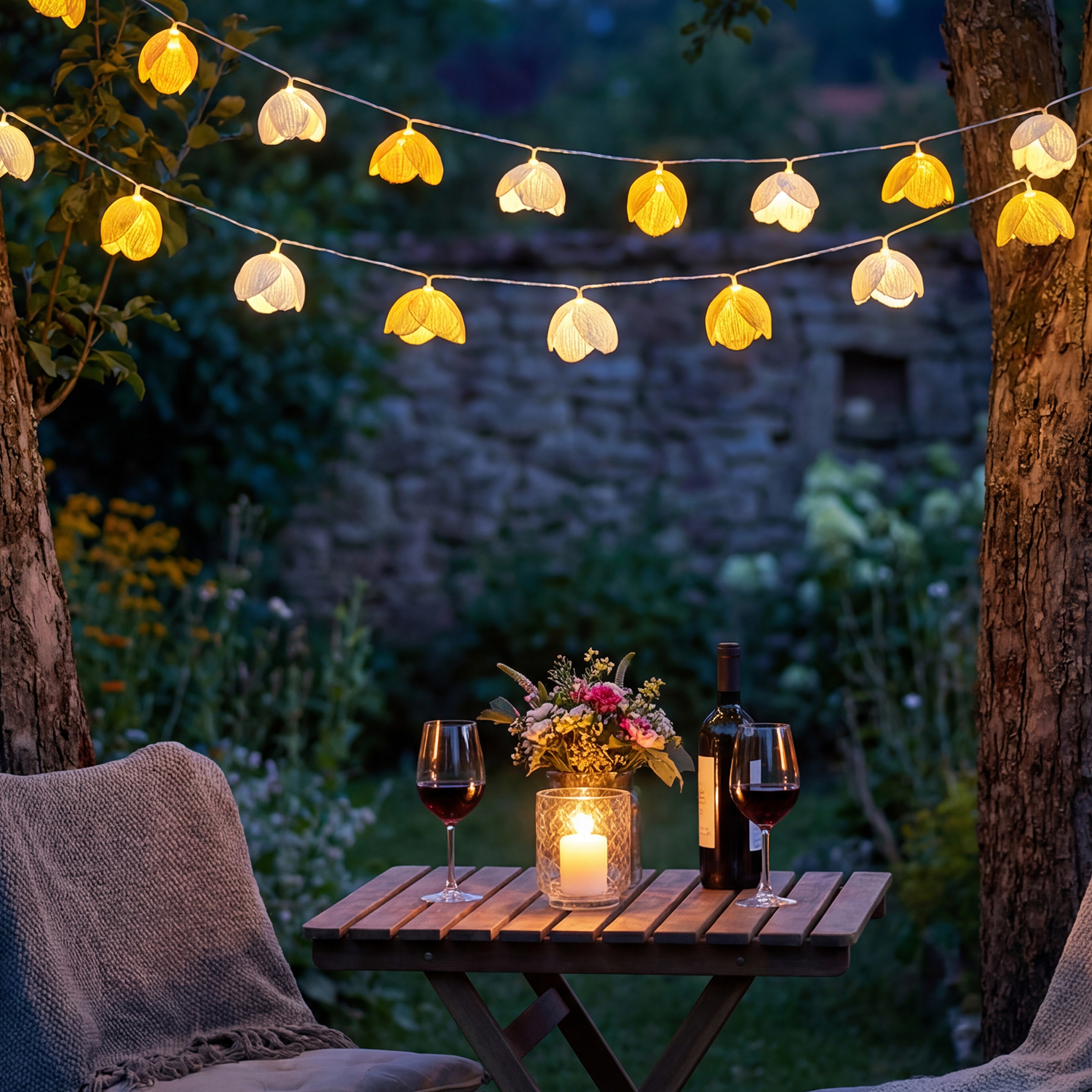 LED Lichterkette Blumen - 15 weiße u. gelbe Blüten - Batterie/Timer - L: 1,4m - Innen/Außen