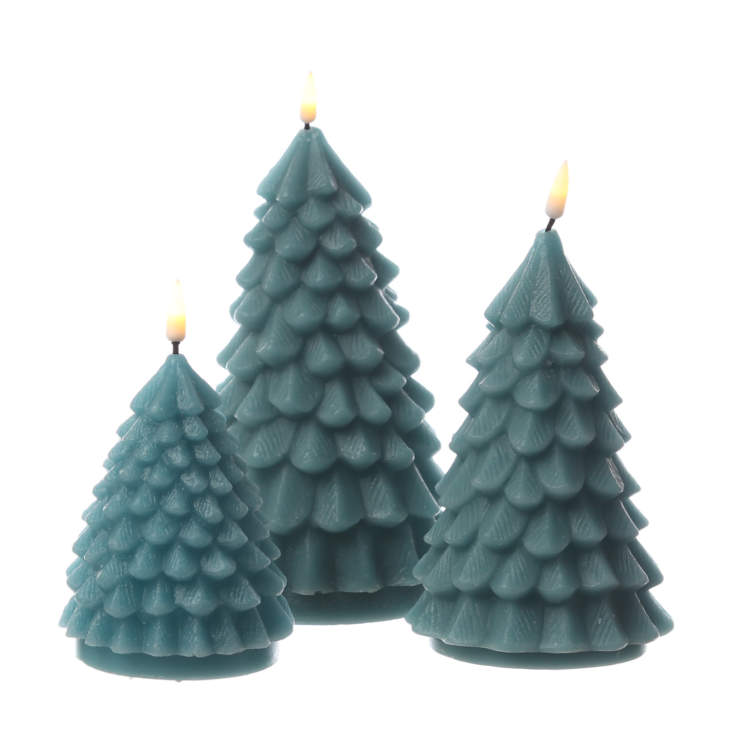 LED Kerze Tannenbaum - Echtwachs - flackernde 3D Flamme - H: 11cm - D: 8cm - dunkelgrün