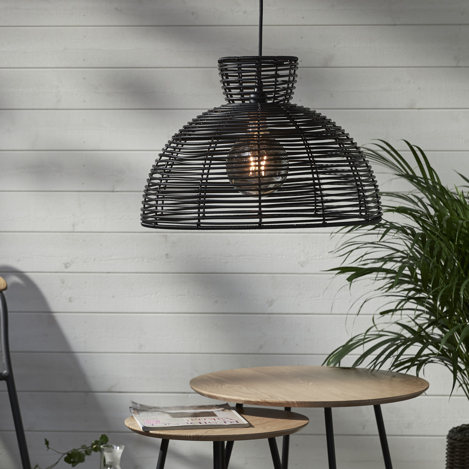 Lampenschirm RUND wetterfest - Rattanoptik - für E27 Fassungen - D: 47cm - H: 32cm - schwarz