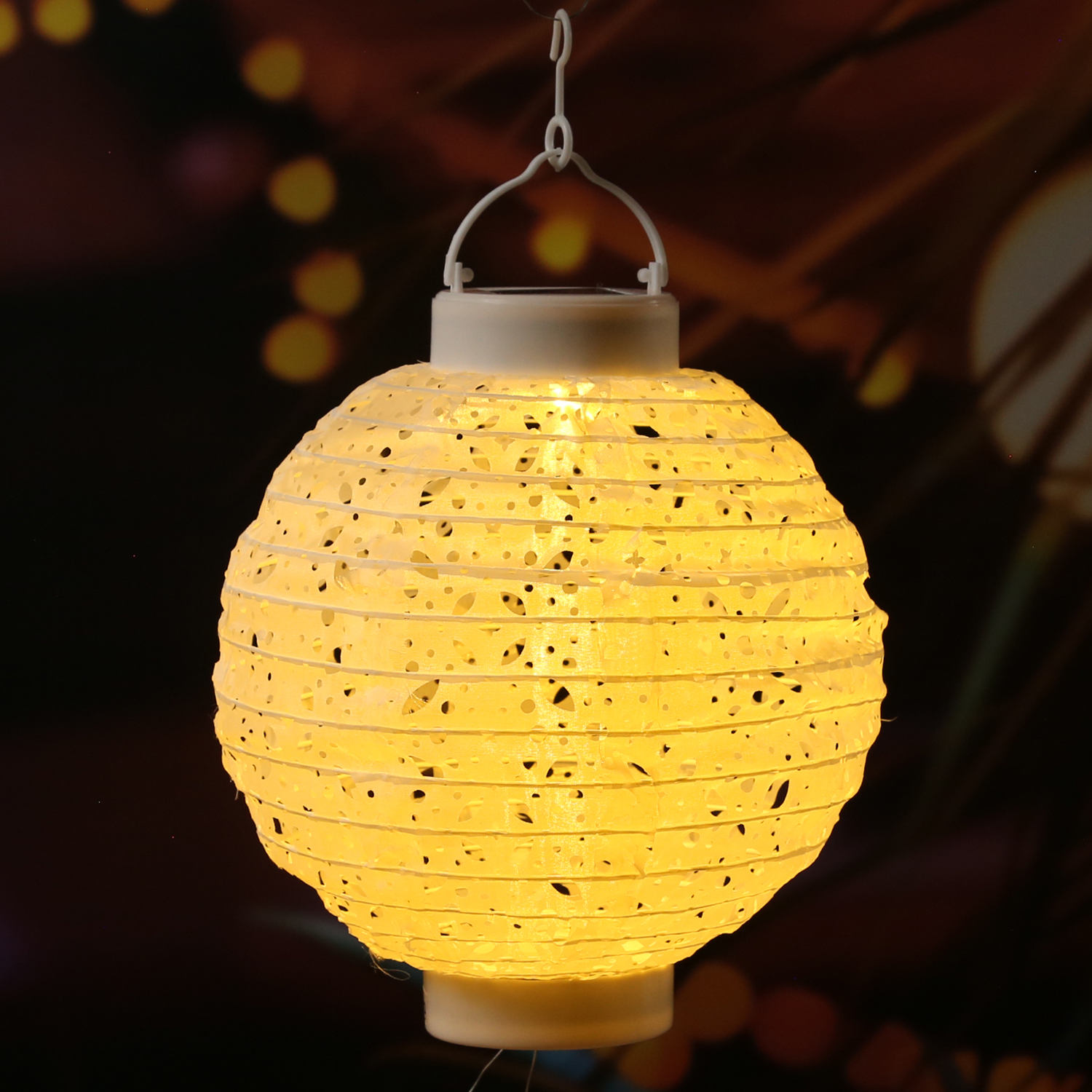 LED Solar Lampion - mit Muster - warmweiße LED - H: 23cm - D: 20cm - Lichtsensor - weiß