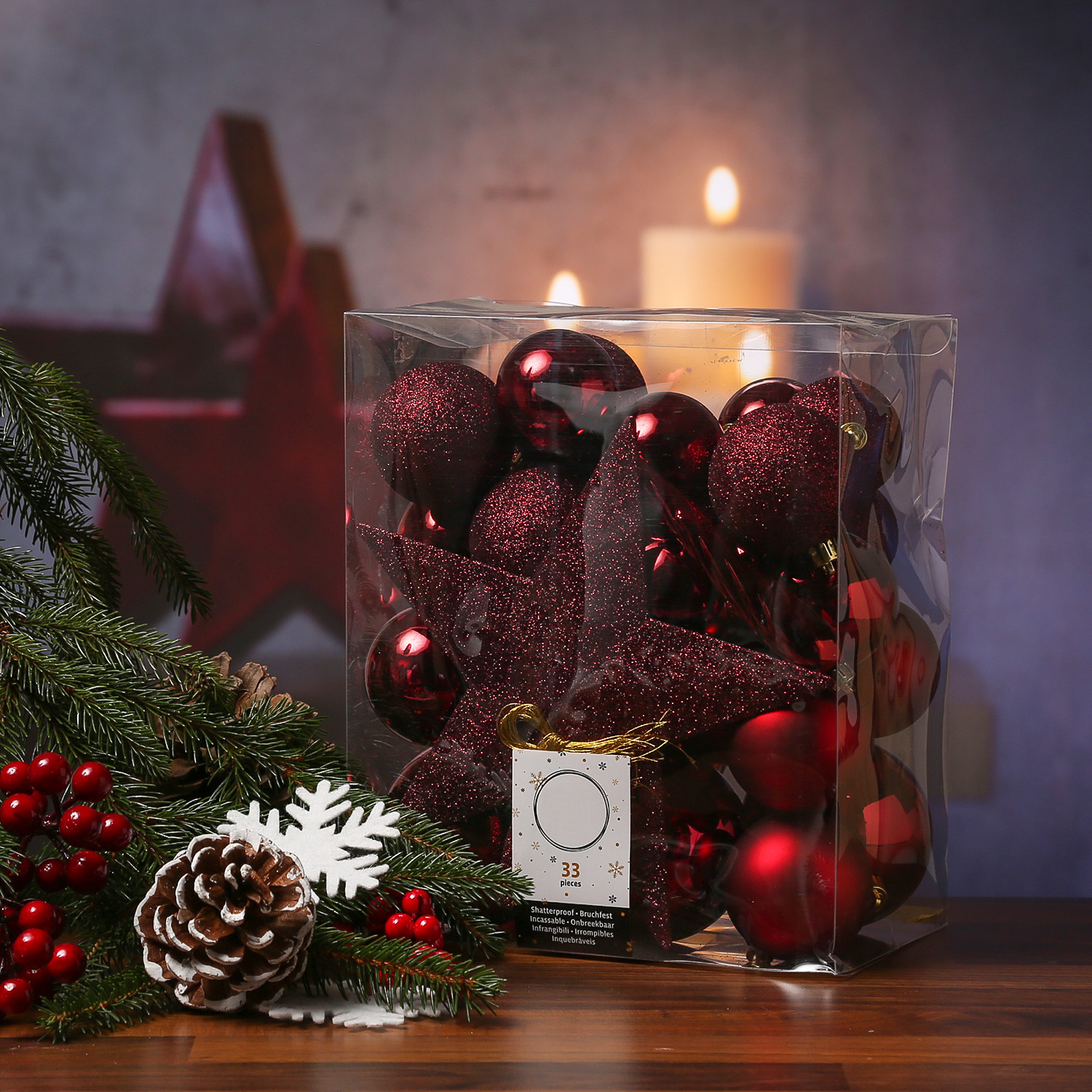 Christbaumkugel - Weihnachtsbaumkugel - bruchfest - glänzend matt glitzernd - weinrot - 33er Set