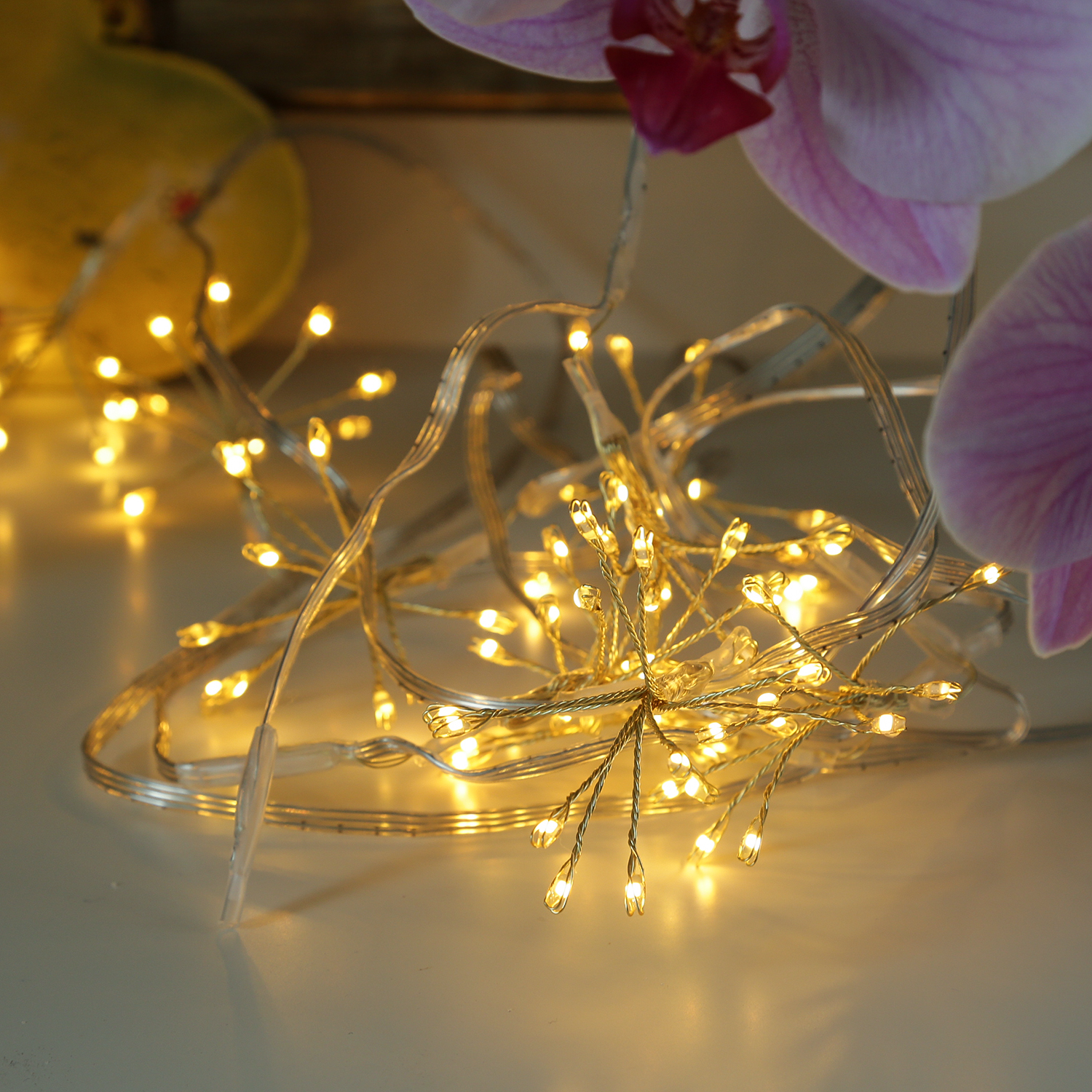 LED Lichterkette Pusteblume - Feuerwerk Blume - 50 Tautropfen LED - 5 Blüten - L: 1m - Timer - gold