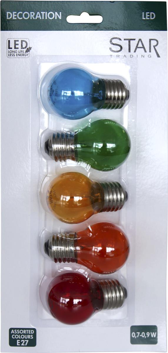 5x Leuchtmittel - LED - E27 - 1W - 0,7-0,9W - Set mit klaren Lampen - Rot/Grün/Blau/Gelb/Orange