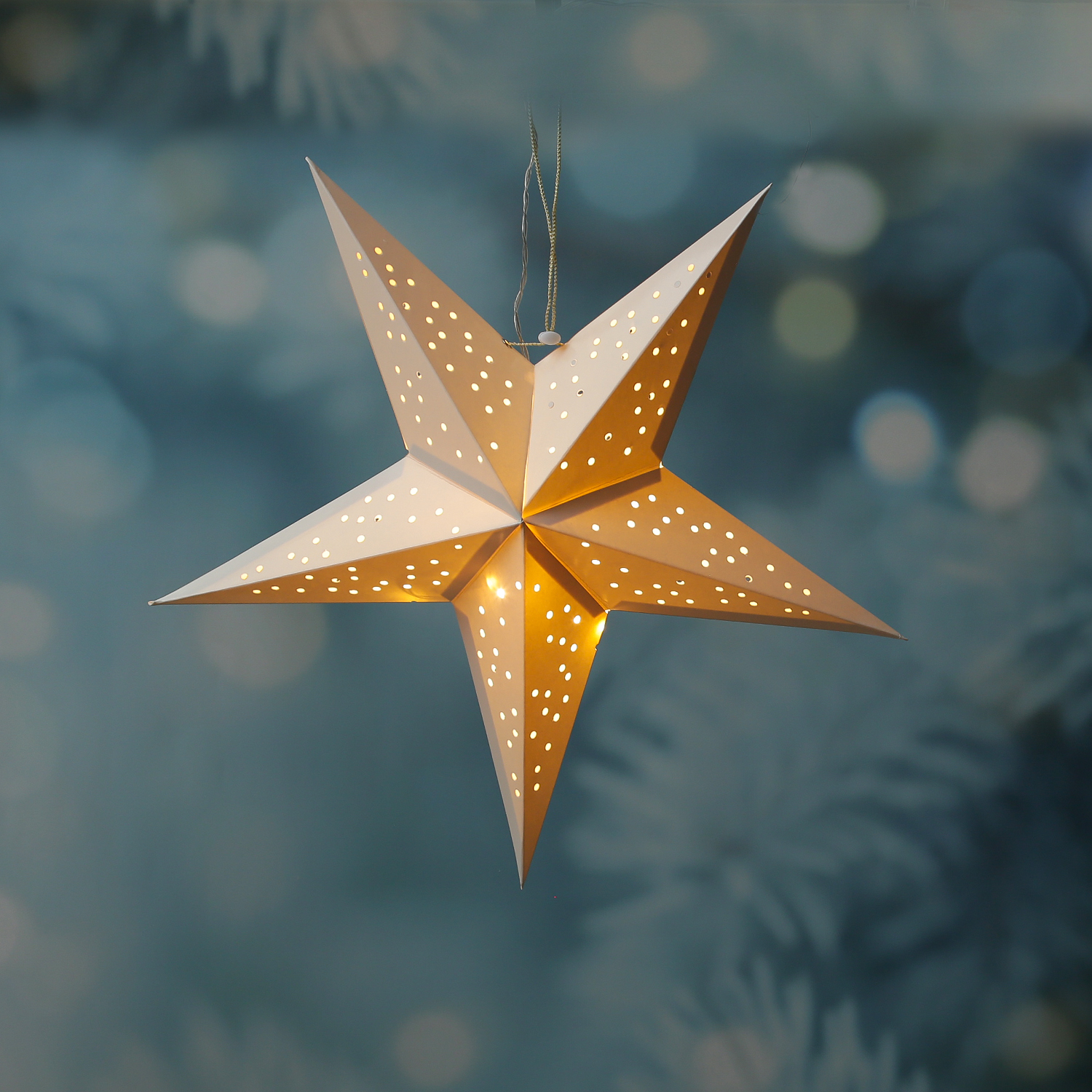 B-Ware LED Papierstern - hängend - 5-zackig - 10 warmweiße LED - D: 40cm - Batterie - Timer - weiß