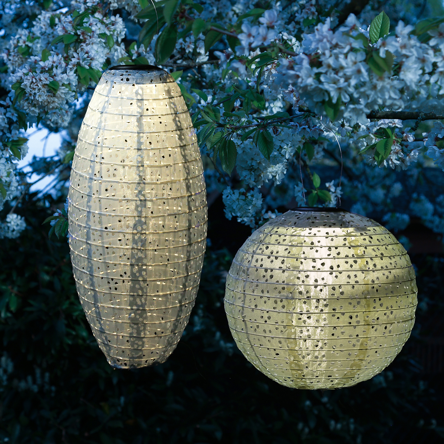 LED Solar Lampions - mit Blumenmuster - warmweiß - H: 25cm/40cm - Lichtsensor - blau - 2 Stück