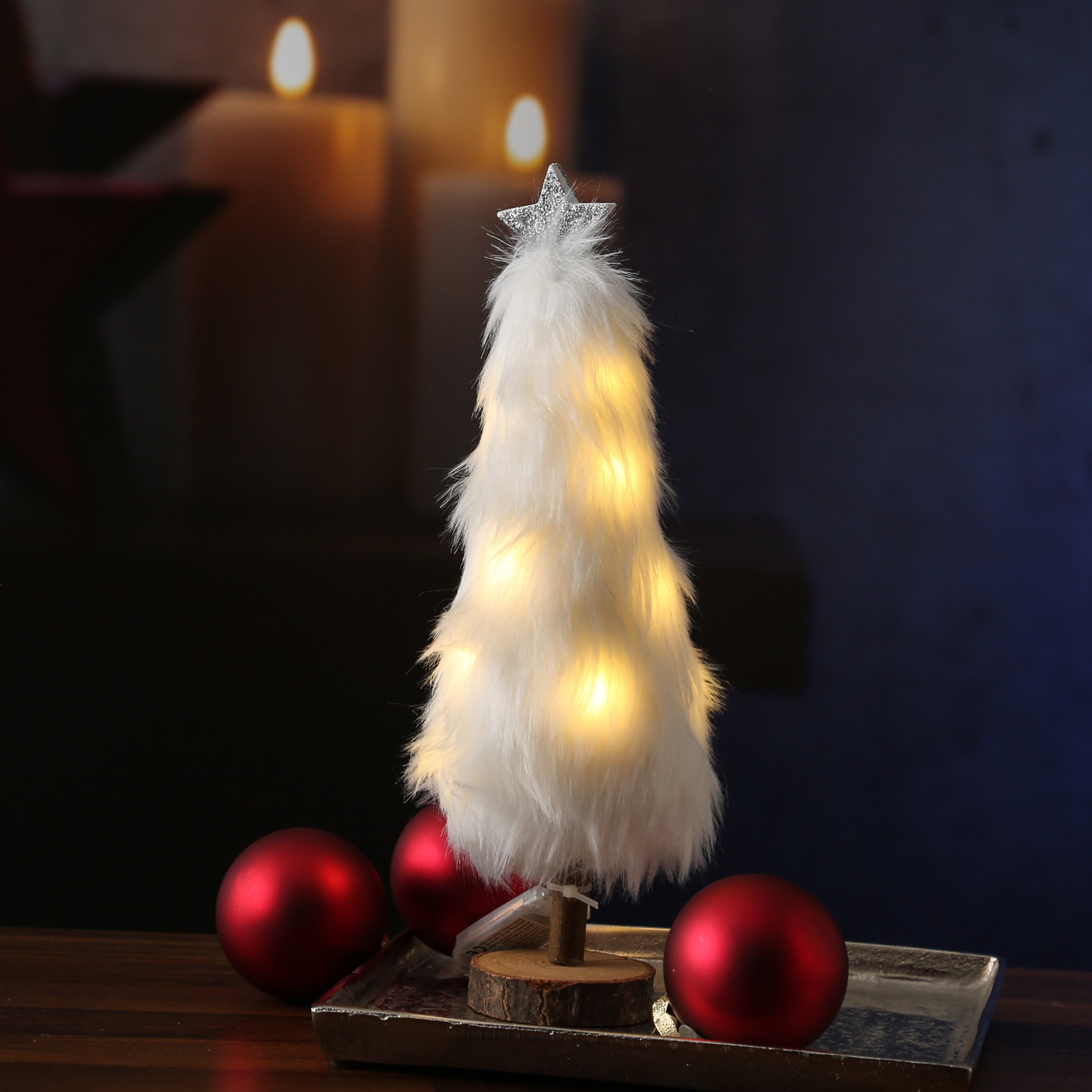 LED Dekobaum PLÜSCH - Holz - Plüschfell - warmweiße LED - Sternspitze - H: 27,5cm - Batterie - weiß
