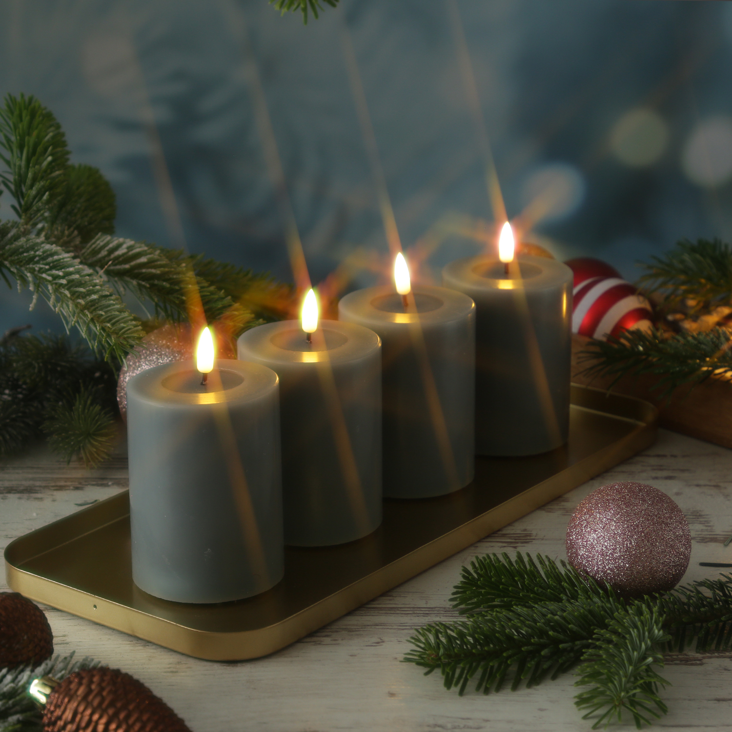 LED Kerzenset MIA - Echtwachs - H: 10cm/D: 7,5cm - mit Batterien/Fernbedienung - grau - 4er Set