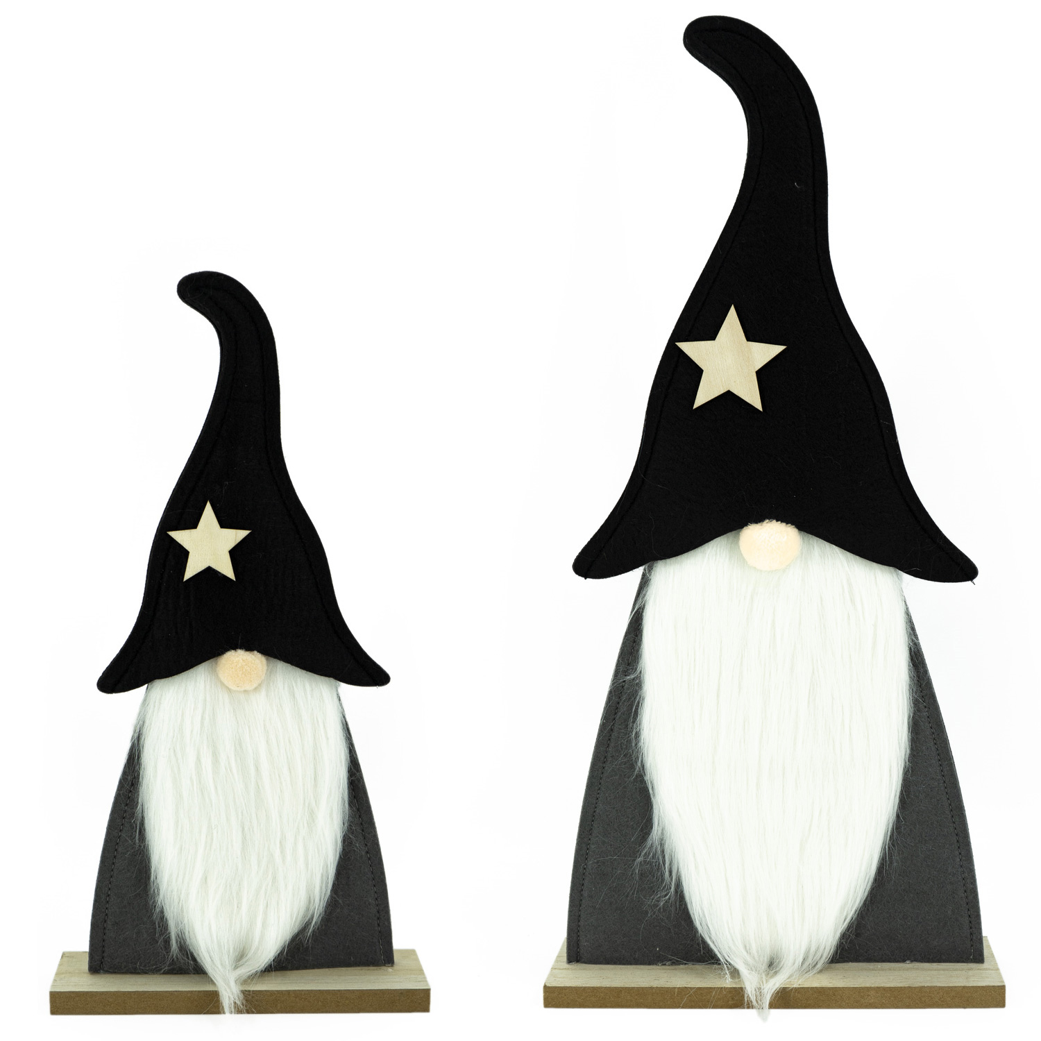 Wichtel - Holz - Filz - stehend - H: 34cm und 51cm - Mütze mit Stern - schwarz, grau - 2er Set