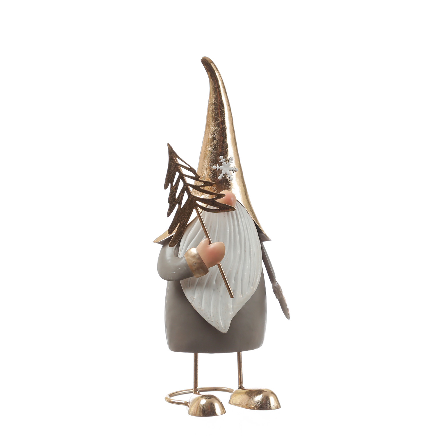 Weihnachtswichtel NILS mit Baum - Dekofigur aus Metall - H: 35cm - gold, grau
