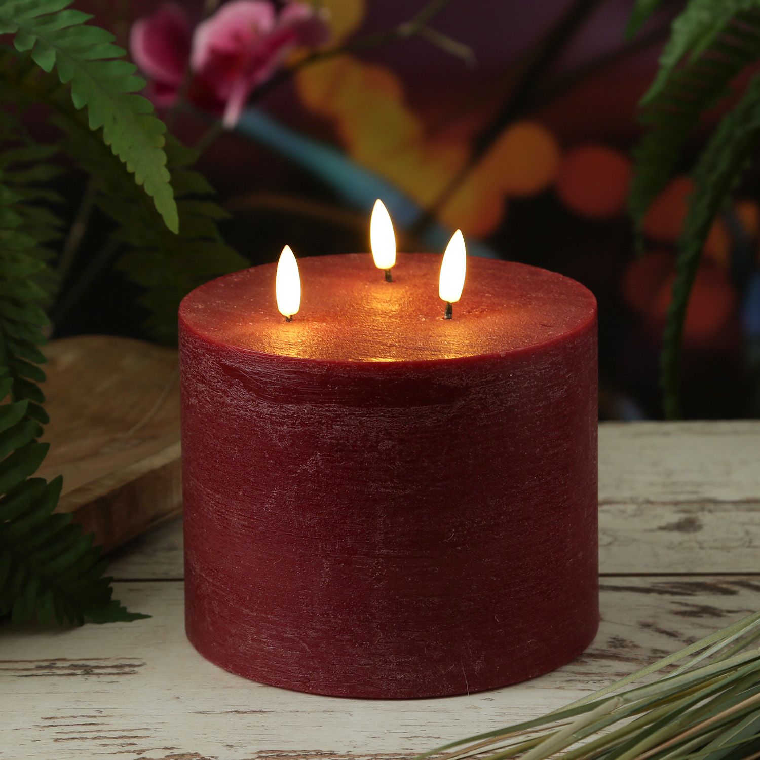 B-Ware XXL LED Kerze - 3-Docht - Echtwachs - Timer - H: 15cm D: 15cm - rot