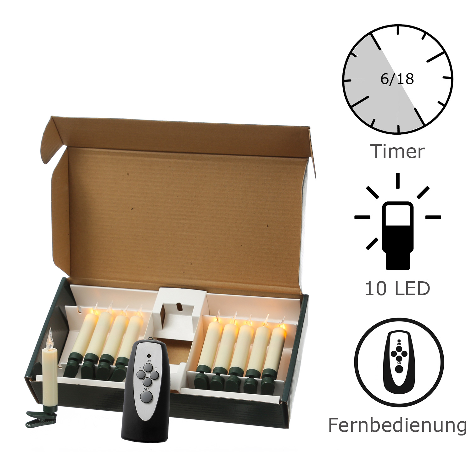 LED Baumkerzen mit Clip - 10 bernstein LED - kabellos - Fernbedienung - Timer - für Innen - 10er Set