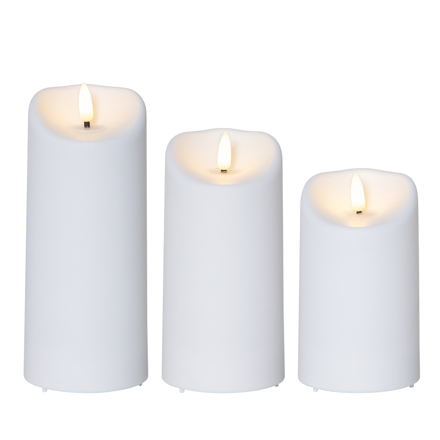LED Stumpenkerze Flamme - Kunststoff - warmweiße 3D Flamme - Timer - für Außen - weiß - 3er Set