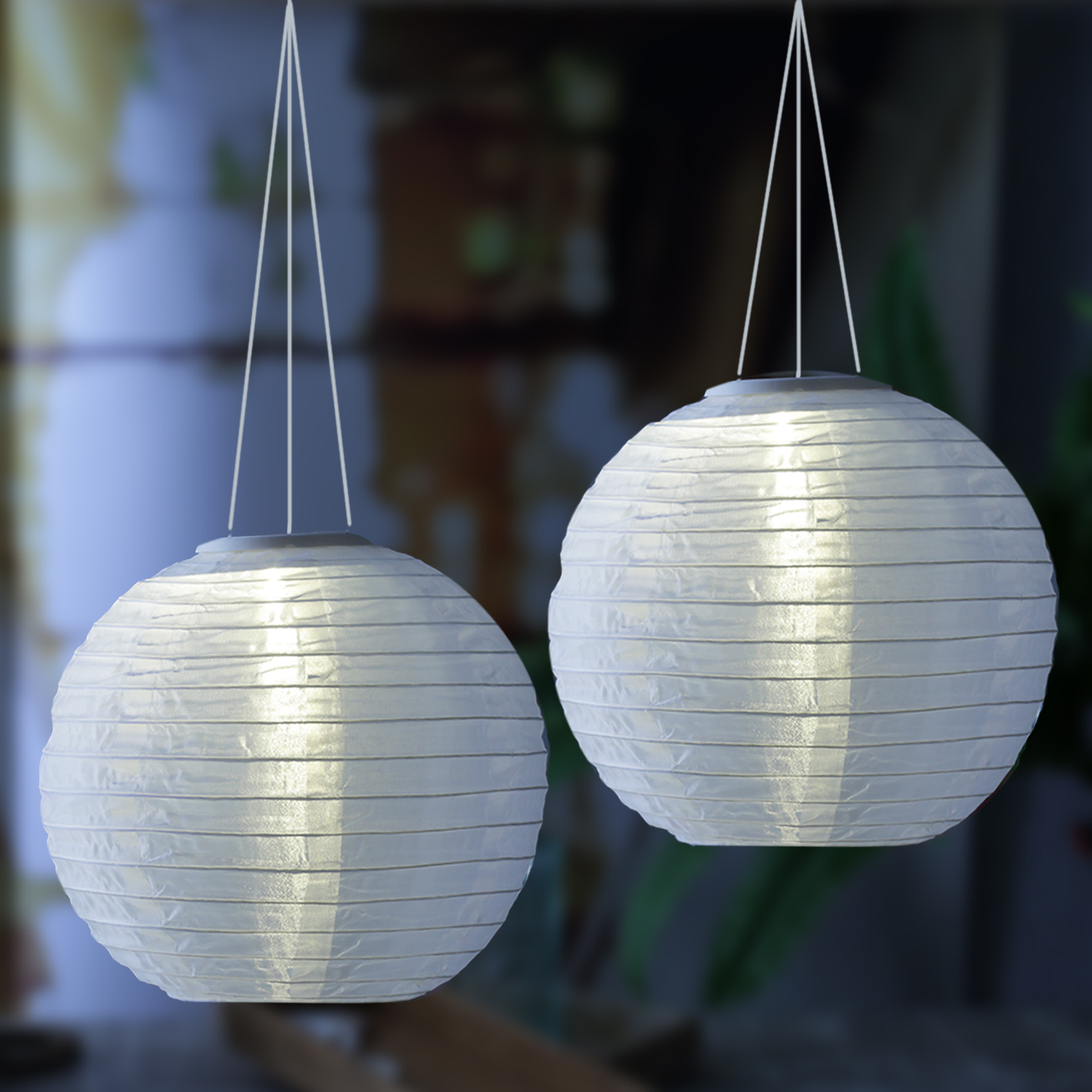 LED Solar Lampion - warmweiße LED - H: 35cm - D: 40cm - Lichtsensor - weiß - 2er Set