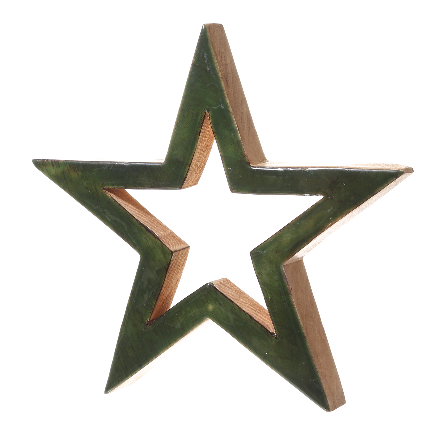 Holzstern - Weihnachtsstern - stehend - einseitig emailliert - Mangoholz - H: 29,3cm - natur, grün