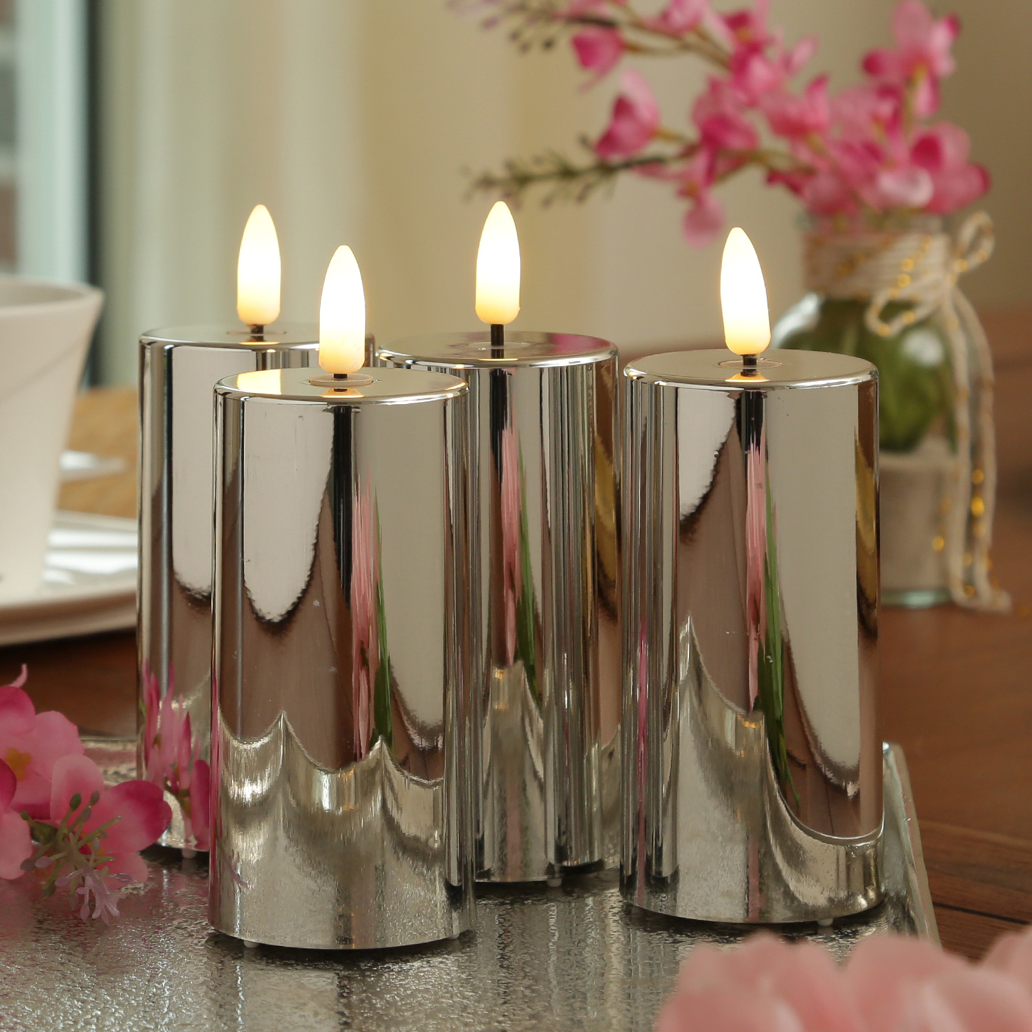 LED Kerzenset - Kunststoff - Timer - H: 12,5cm - D: 5cm - silber glänzend - 4er Set