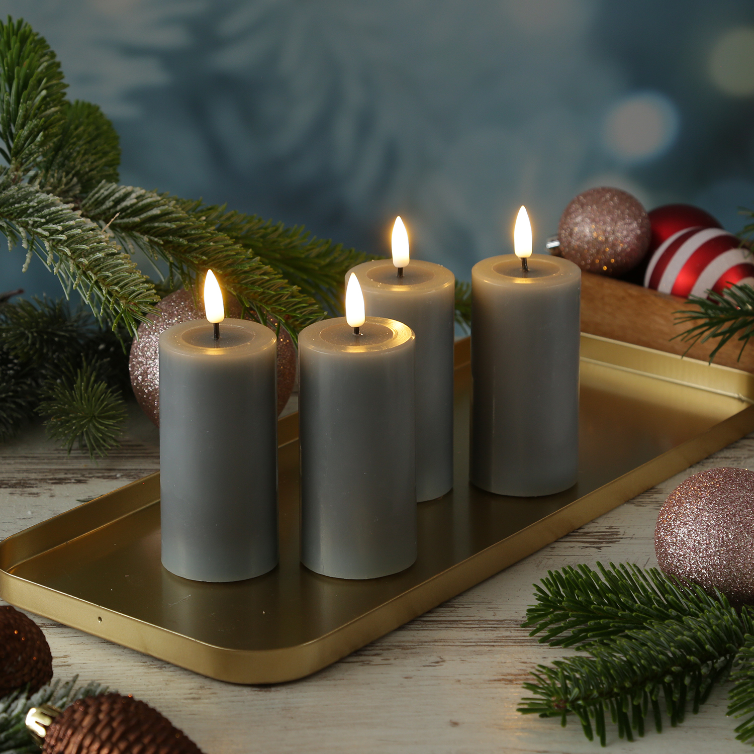 LED Kerzenset MIA - Echtwachs - H: 10cm/D: 5cm - mit Batterien/Fernbedienung - grau - 4er Set