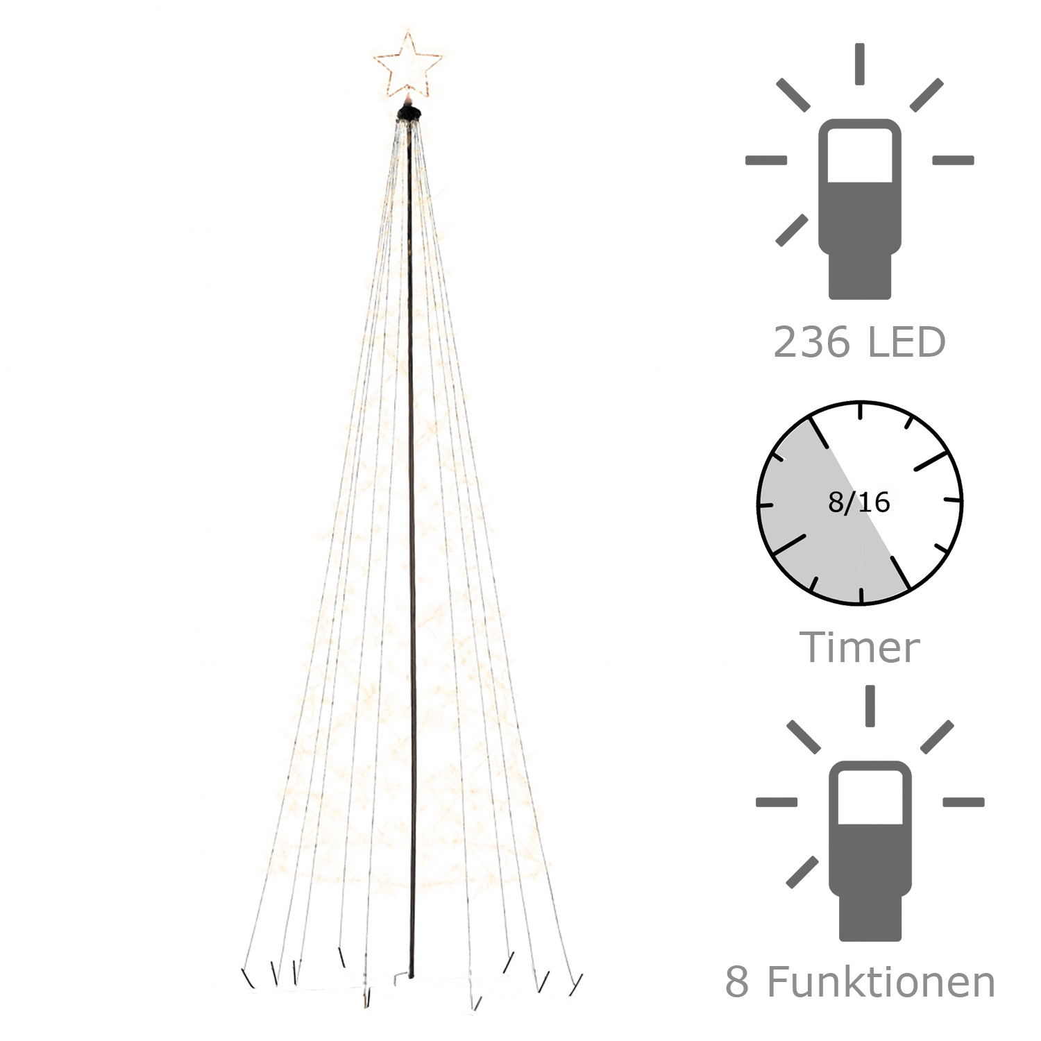 LED Lichterbaum mit Sternspitze - LED Baum outdoor - 236 funkelnde bernstein LED - H: 2m - Timer